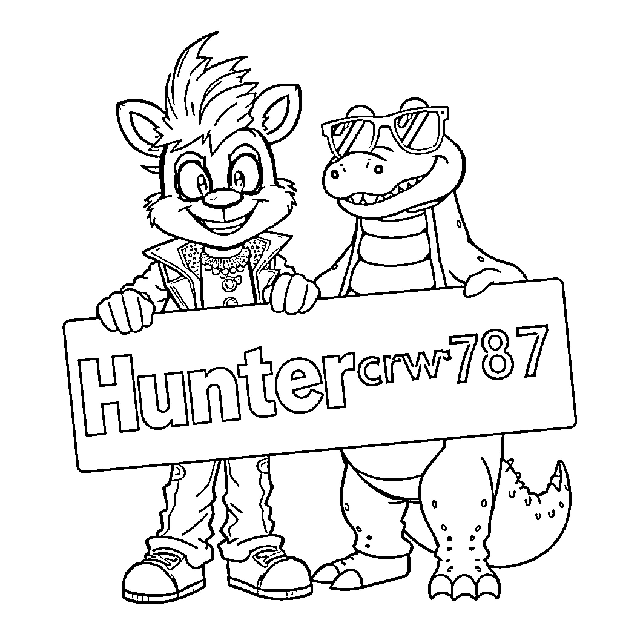 Freddy and friends hold colorful sign Coloring Page (free black-and-white line drawing printable PDF for all, from beginners to advanced learners, including children, teens, adults, and seniors)