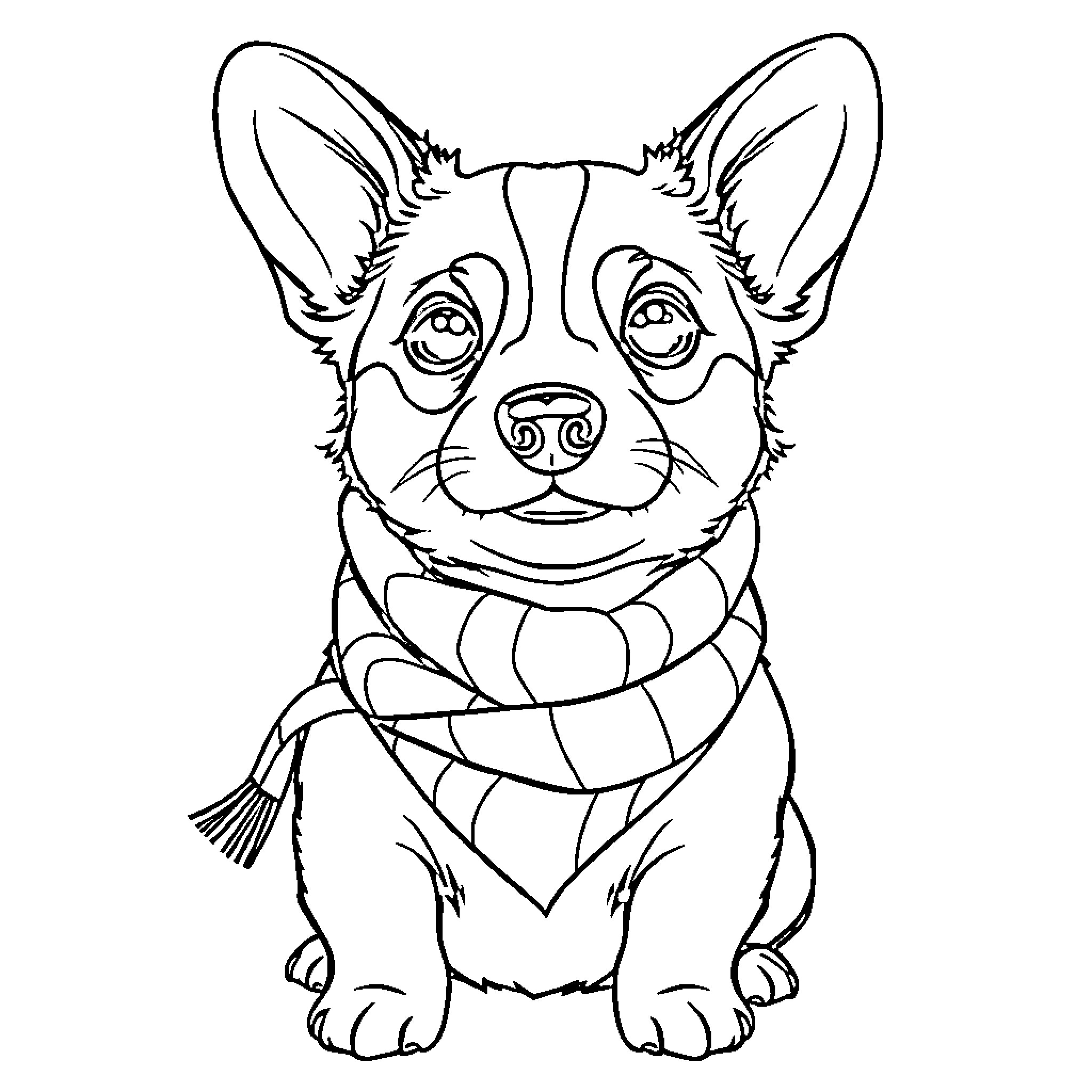 Corgi in festive scarf and cozy expression Coloring Page (free black-and-white line drawing printable PDF for all, from beginners to advanced learners, including children, teens, adults, and seniors)