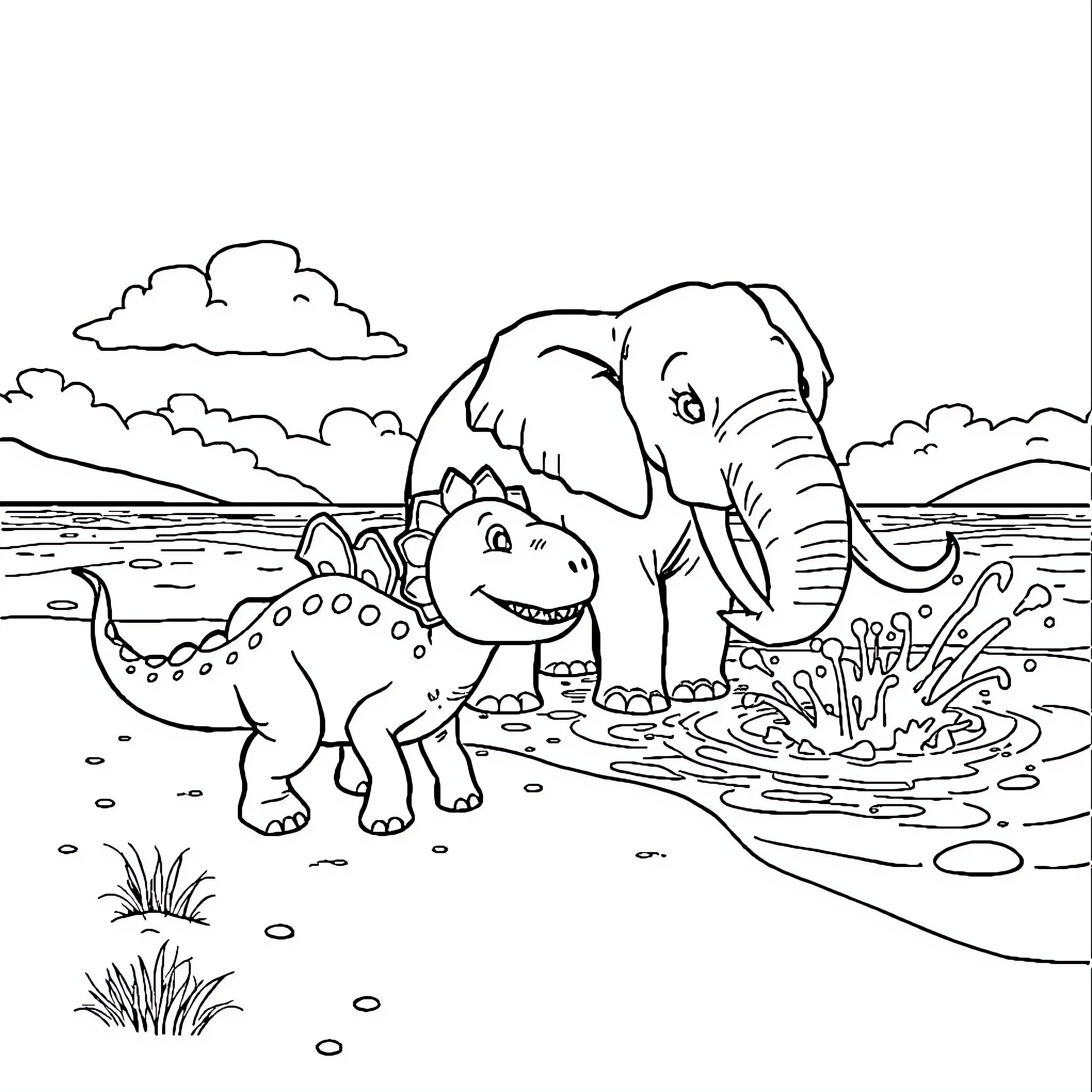Dinosaur friends splashing in the water Coloring Page (free black-and-white line drawing printable PDF for all, from beginners to advanced learners, including children, teens, adults, and seniors)