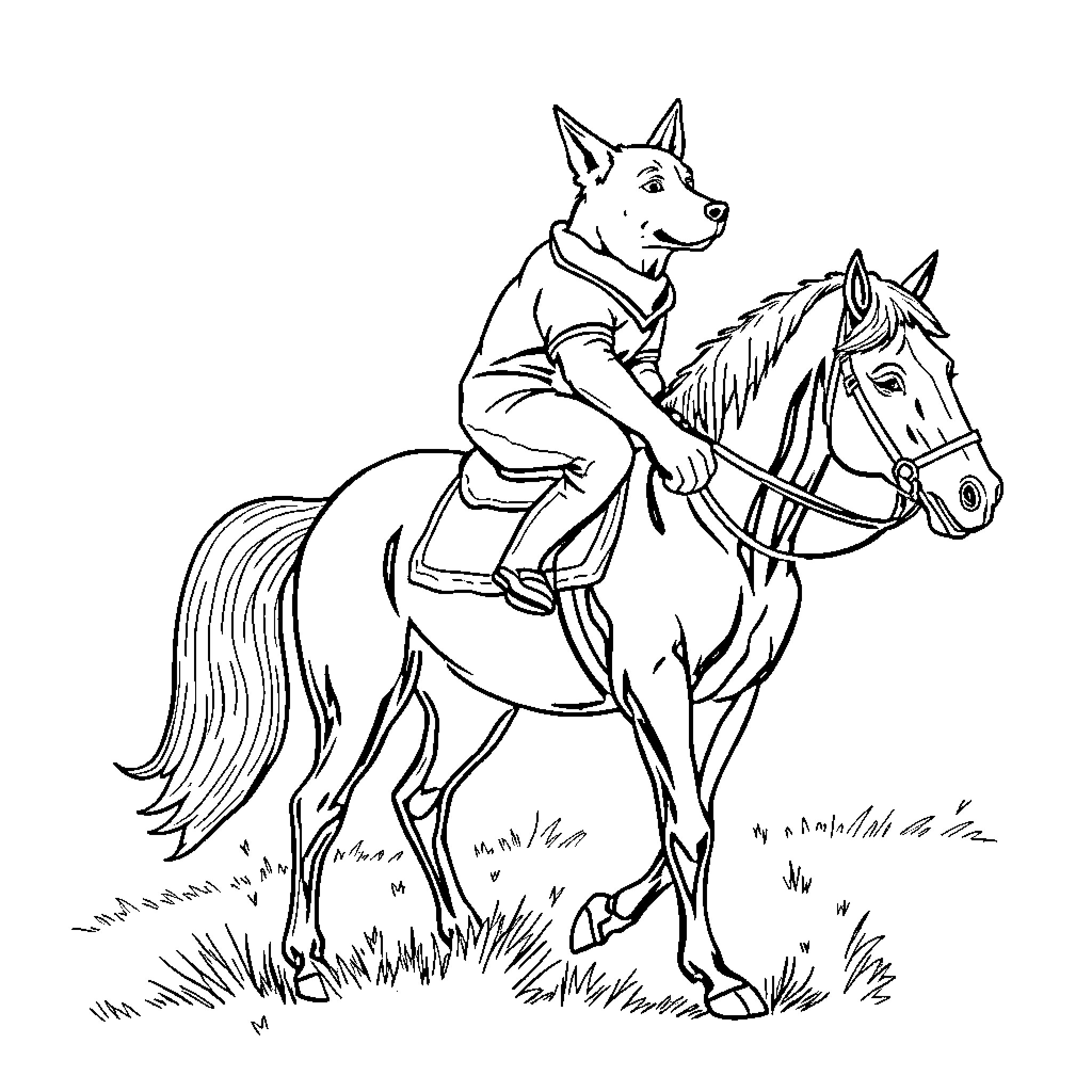 Chien riding horse through grassy field Coloring Page (free black-and-white line drawing printable PDF for all, from beginners to advanced learners, including children, teens, adults, and seniors)