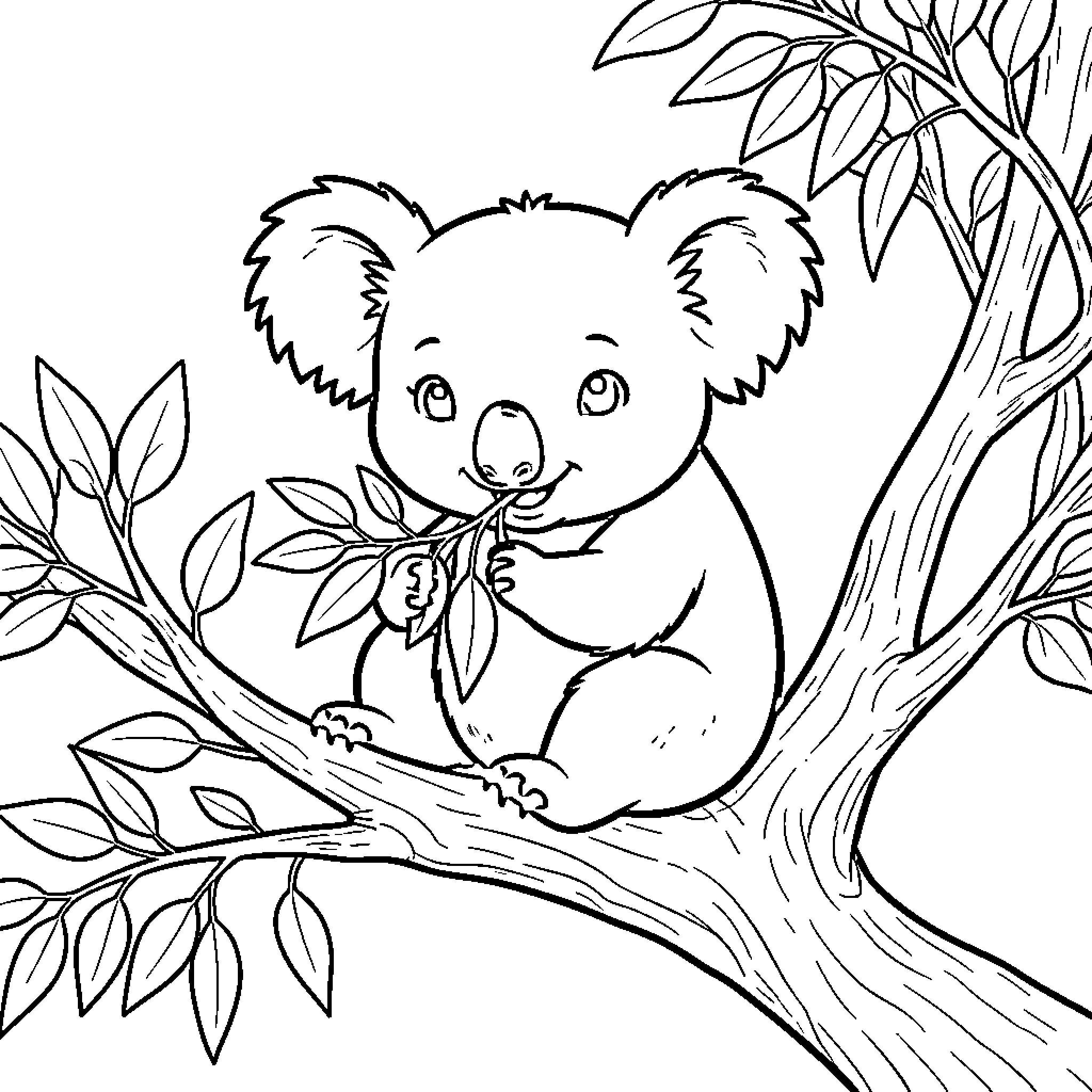 Koala resting peacefully in a tree Coloring Page (free black-and-white line drawing printable PDF for all, from beginners to advanced learners, including children, teens, adults, and seniors)