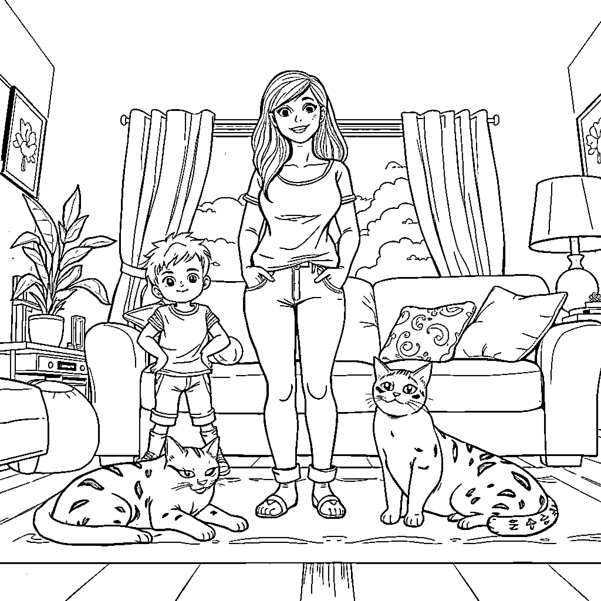 Family Spending Quality Time Together at Home Coloring Page (free black-and-white line drawing printable PDF for all, from beginners to advanced learners, including children, teens, adults, and seniors)