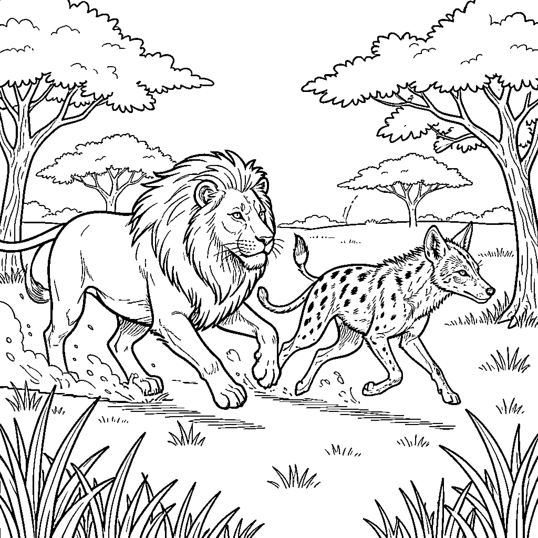Lion walking through the wild near a hyena Coloring Page (free black-and-white line drawing printable PDF for all, from beginners to advanced learners, including children, teens, adults, and seniors)