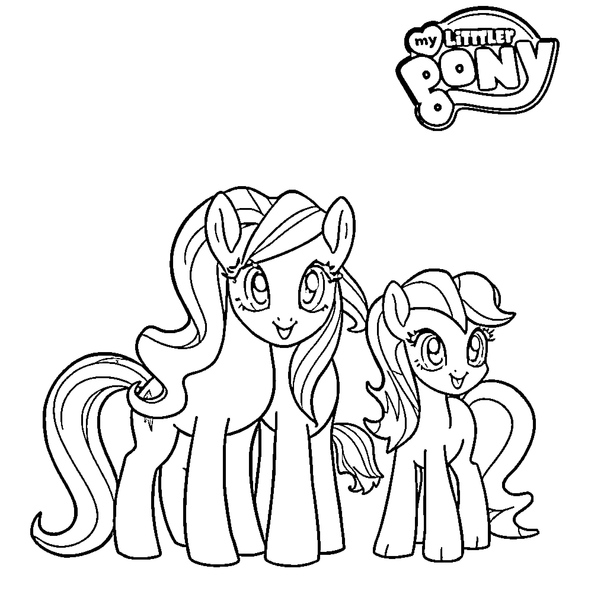 Pony friends enjoying time together Coloring Page (free black-and-white line drawing printable PDF for all, from beginners to advanced learners, including children, teens, adults, and seniors)