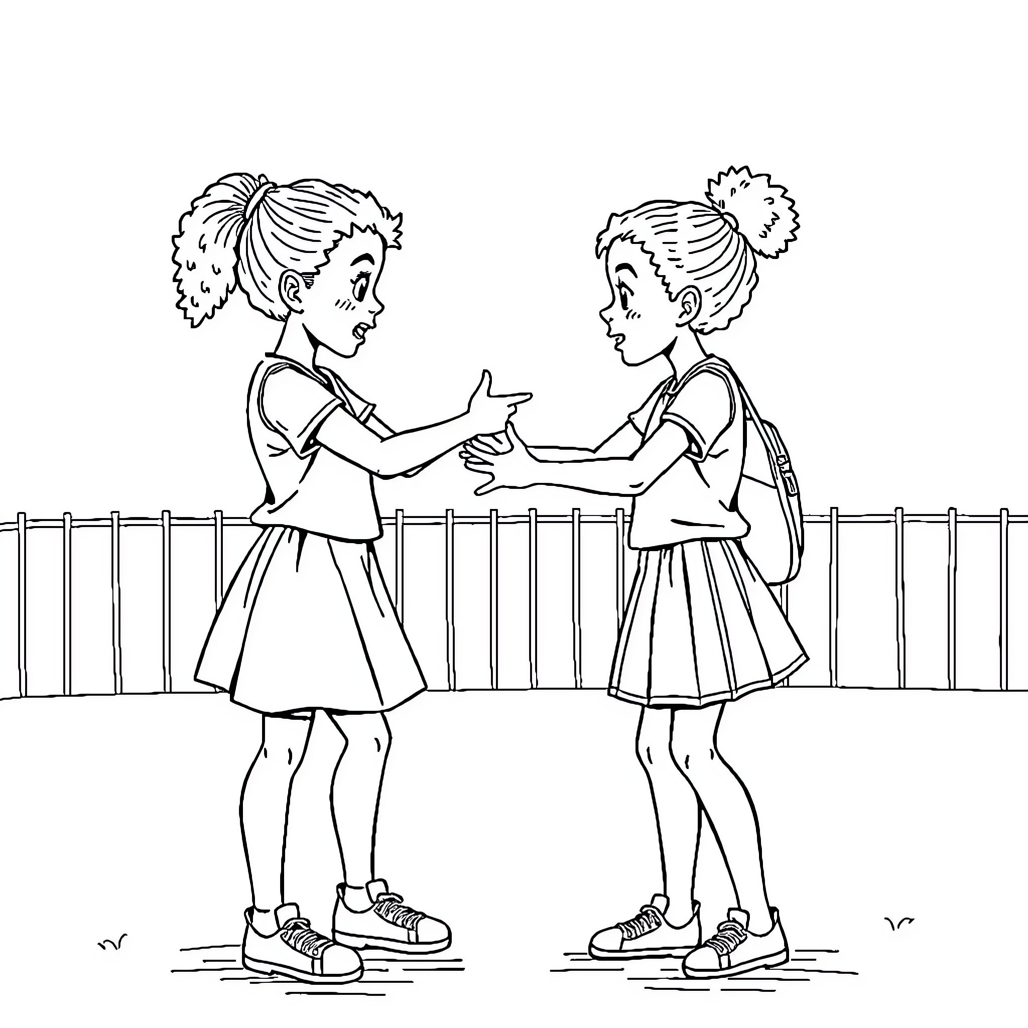 Girls Greeting Each Other Happily Coloring Page (free black-and-white line drawing printable PDF for all, from beginners to advanced learners, including children, teens, adults, and seniors)