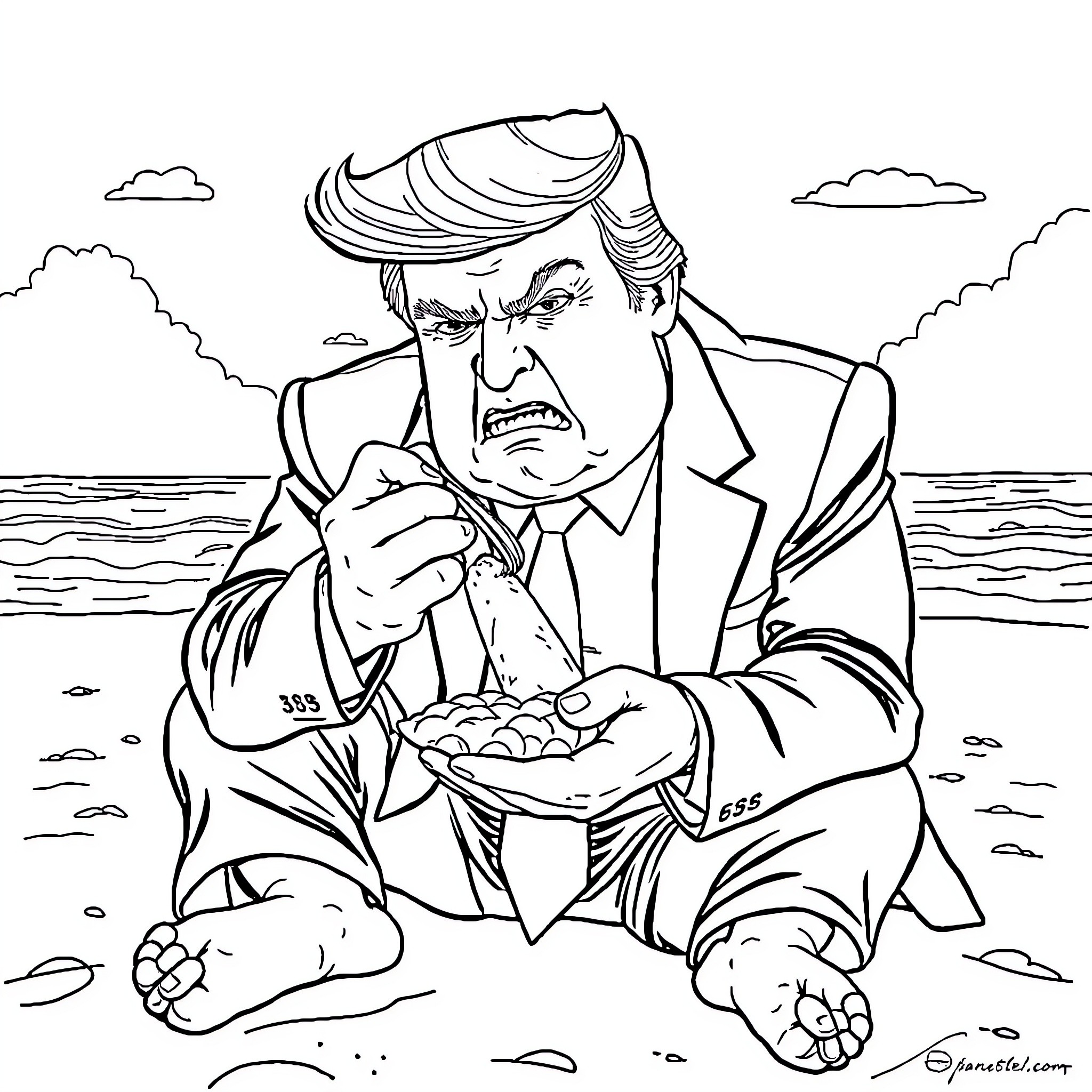 Trump throwing a tantrum on the beach Coloring Page (free black-and-white line drawing printable PDF for all, from beginners to advanced learners, including children, teens, adults, and seniors)