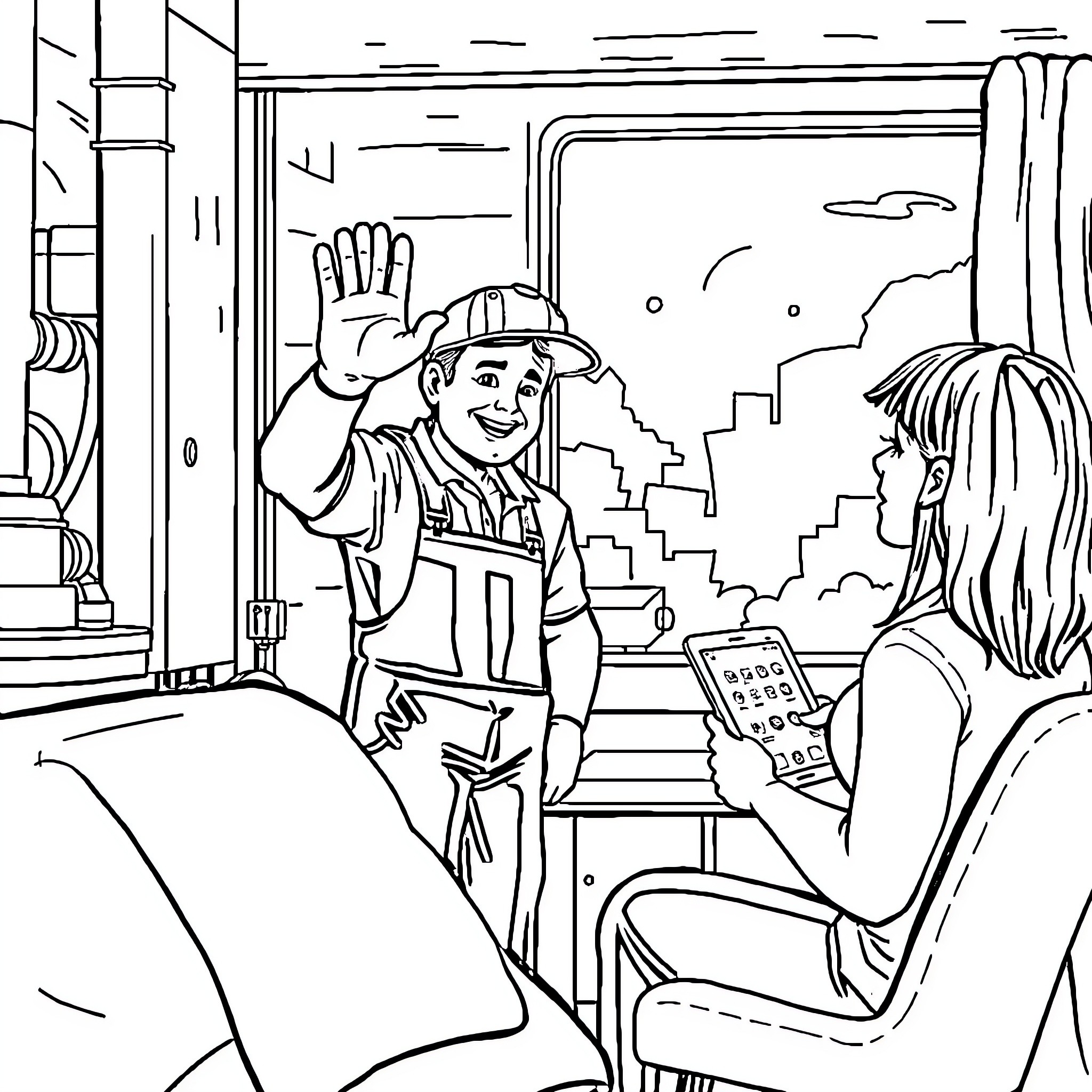 Man in Uniform Interacting with Woman in Office Coloring Page (free black-and-white line drawing printable PDF for all, from beginners to advanced learners, including children, teens, adults, and seniors)