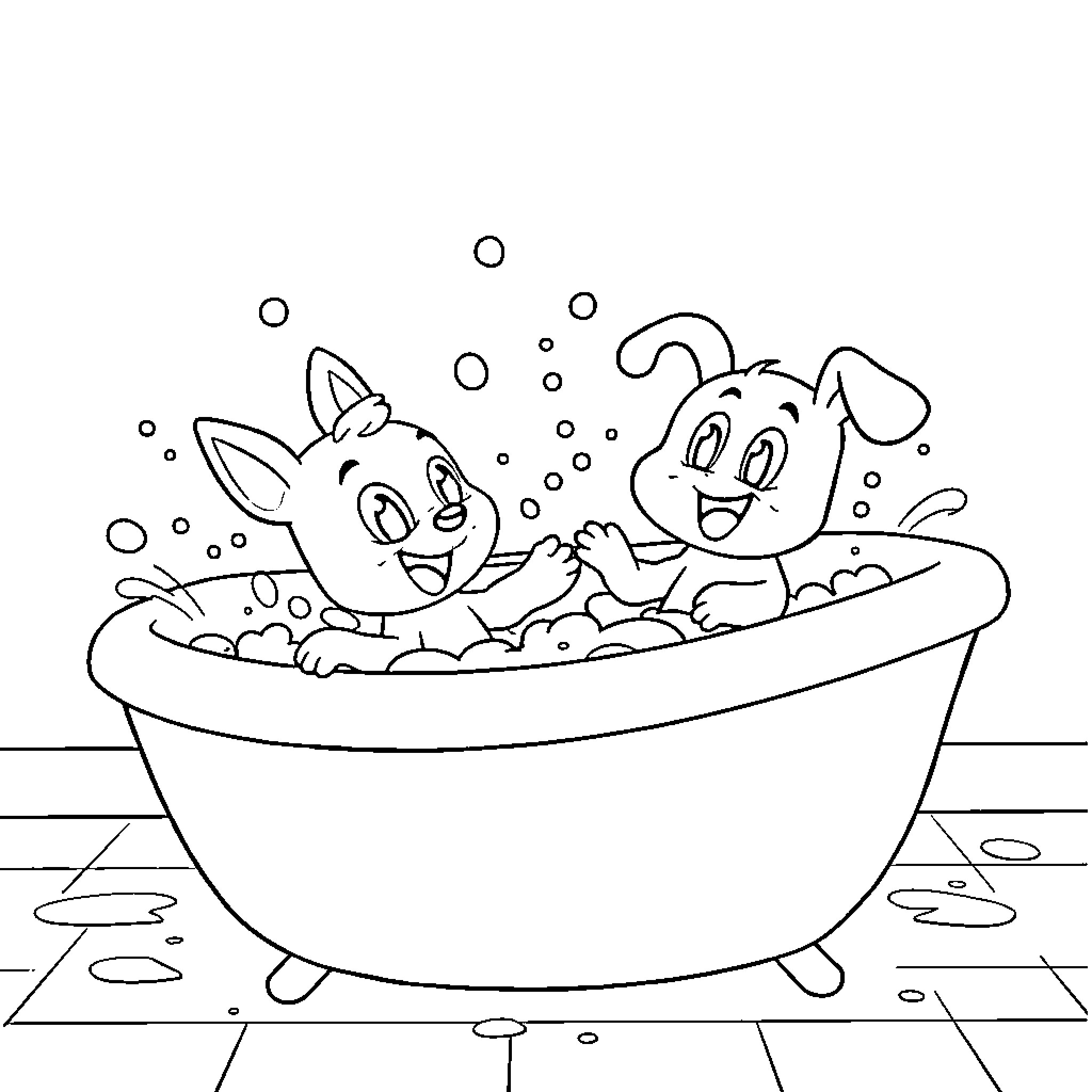 Bluey and puppy having fun in the bath Coloring Page (free black-and-white line drawing printable PDF for all, from beginners to advanced learners, including children, teens, adults, and seniors)