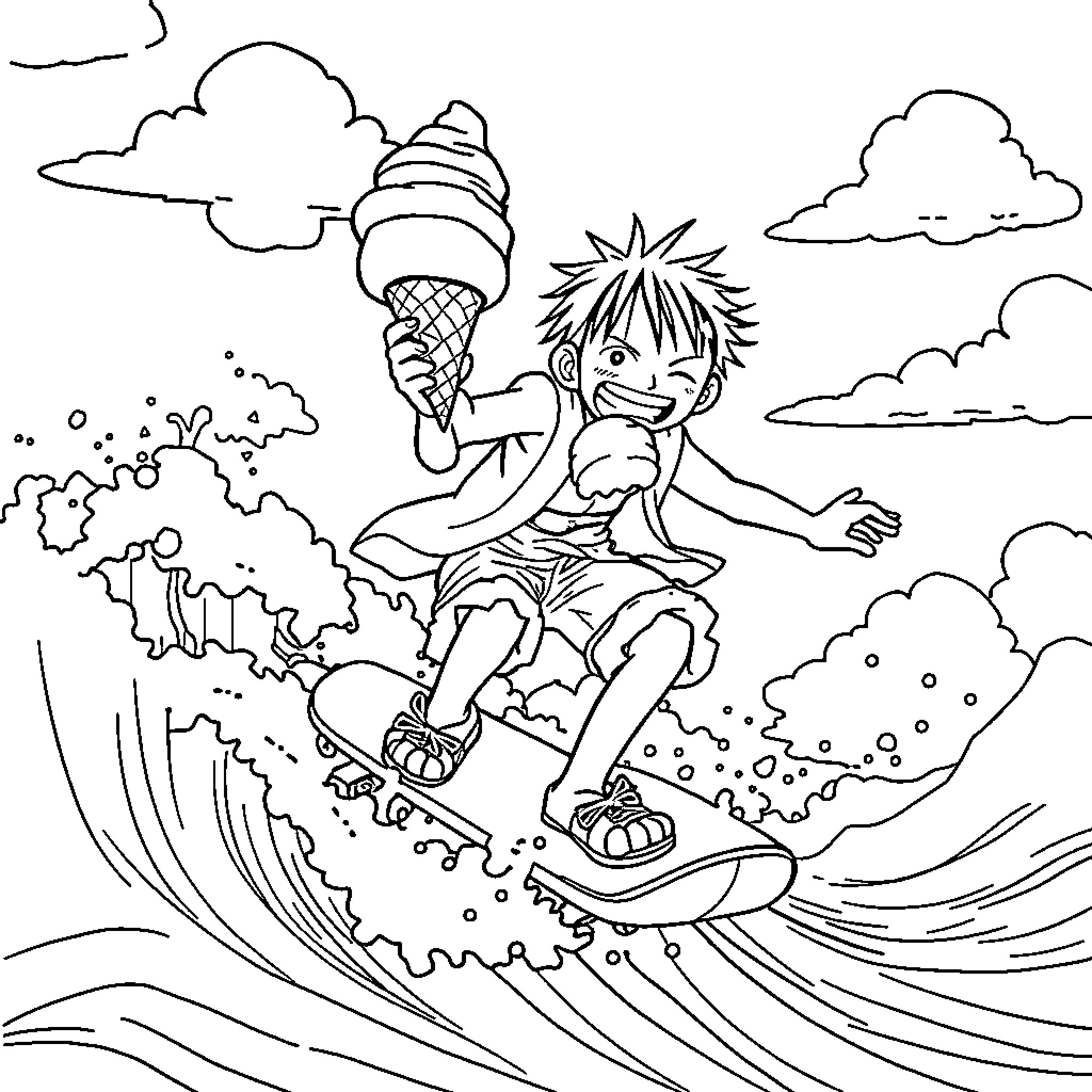 Luffy surfing the waves with an ice cream cone Coloring Page (free black-and-white line drawing printable PDF for all, from beginners to advanced learners, including children, teens, adults, and seniors)