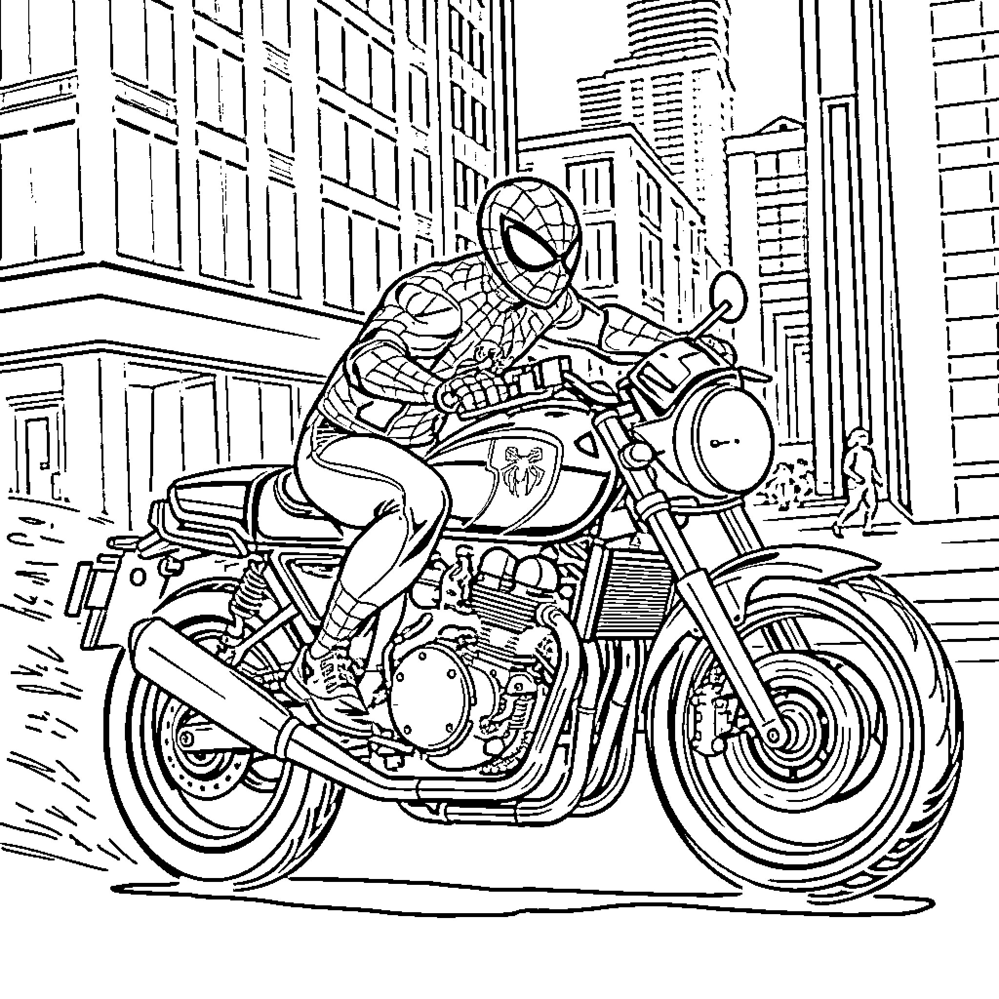 Motorcycle Rider in Superhero Costume in City Landscape Coloring Page (free black-and-white line drawing printable PDF for all, from beginners to advanced learners, including children, teens, adults, and seniors)