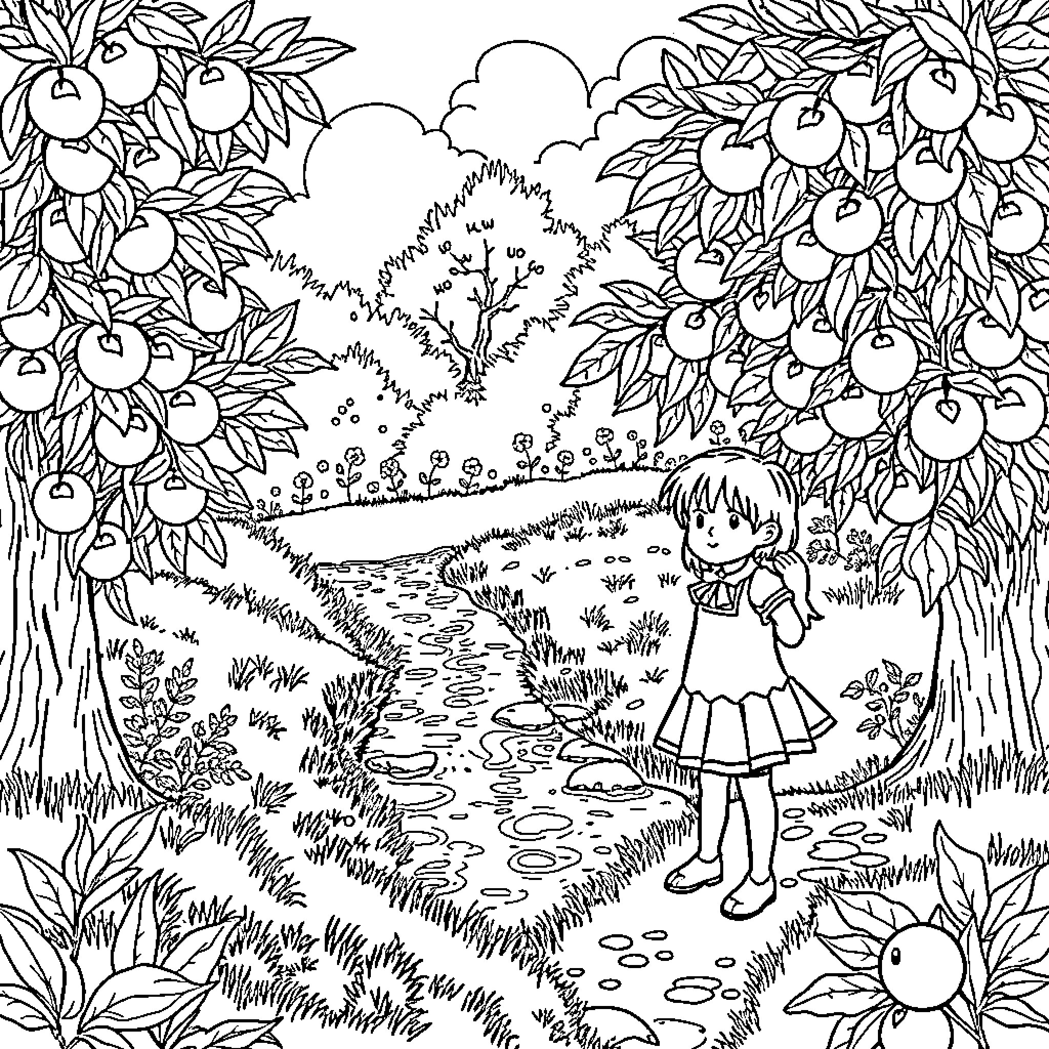 Child exploring the vibrant orchard landscape Coloring Page (free black-and-white line drawing printable PDF for all, from beginners to advanced learners, including children, teens, adults, and seniors)