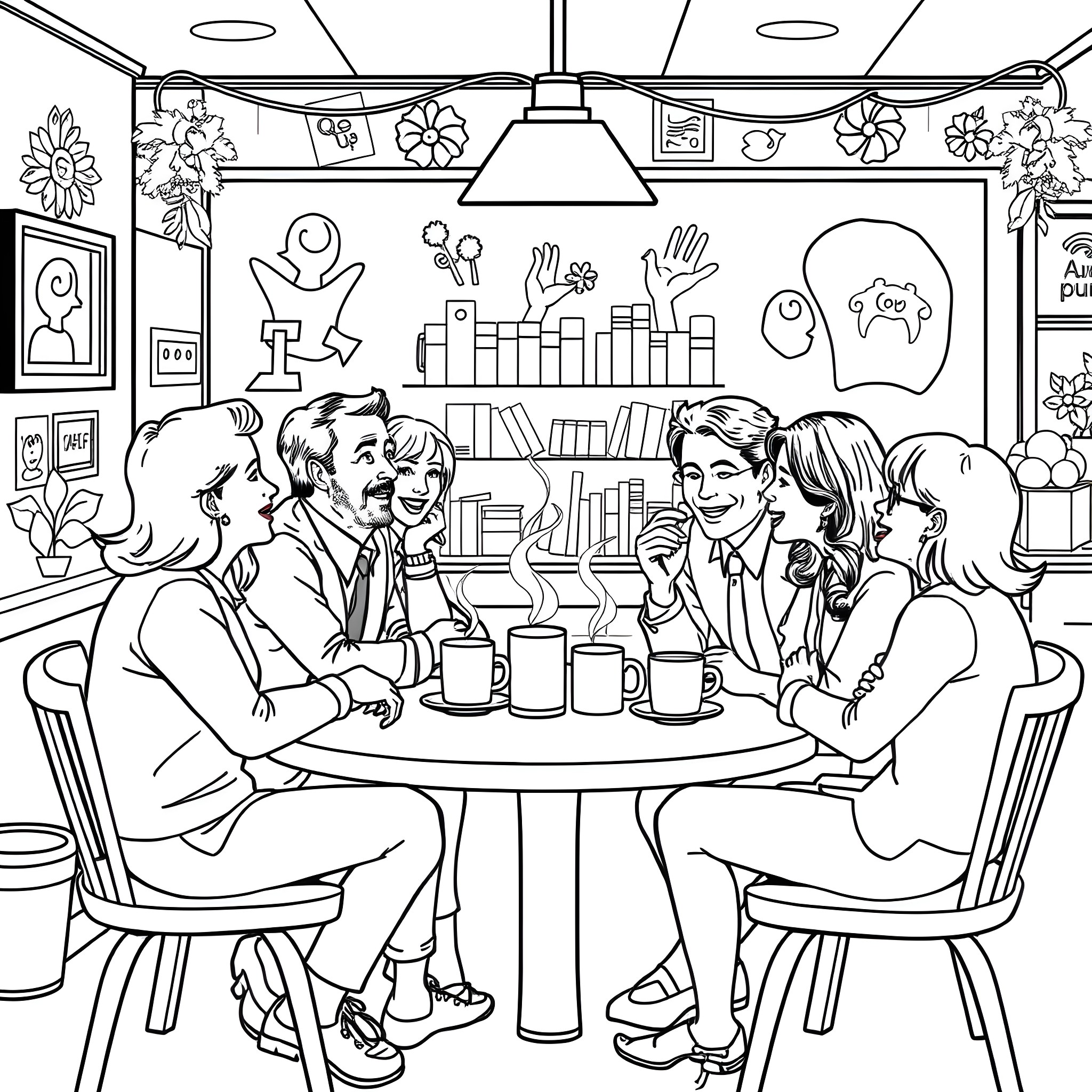 Friends enjoying coffee together in a cozy cafe Coloring Page (free black-and-white line drawing printable PDF for all, from beginners to advanced learners, including children, teens, adults, and seniors)