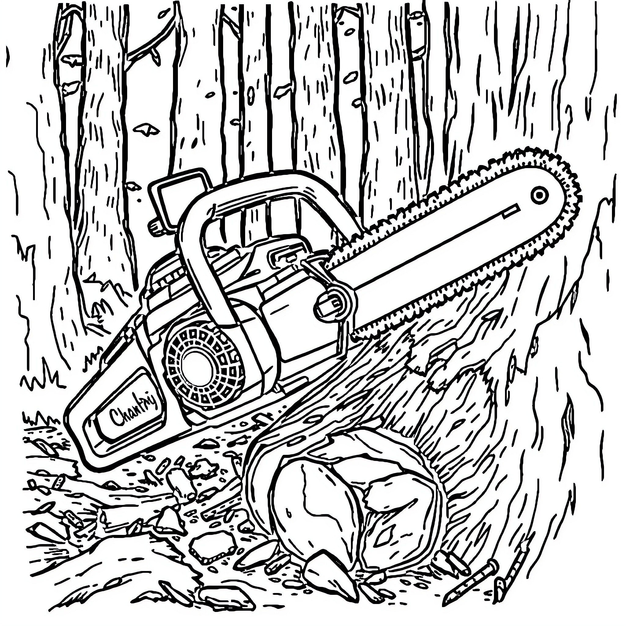 Chainsaw cutting through trees in the forest Coloring Page (free black-and-white line drawing printable PDF for all, from beginners to advanced learners, including children, teens, adults, and seniors)
