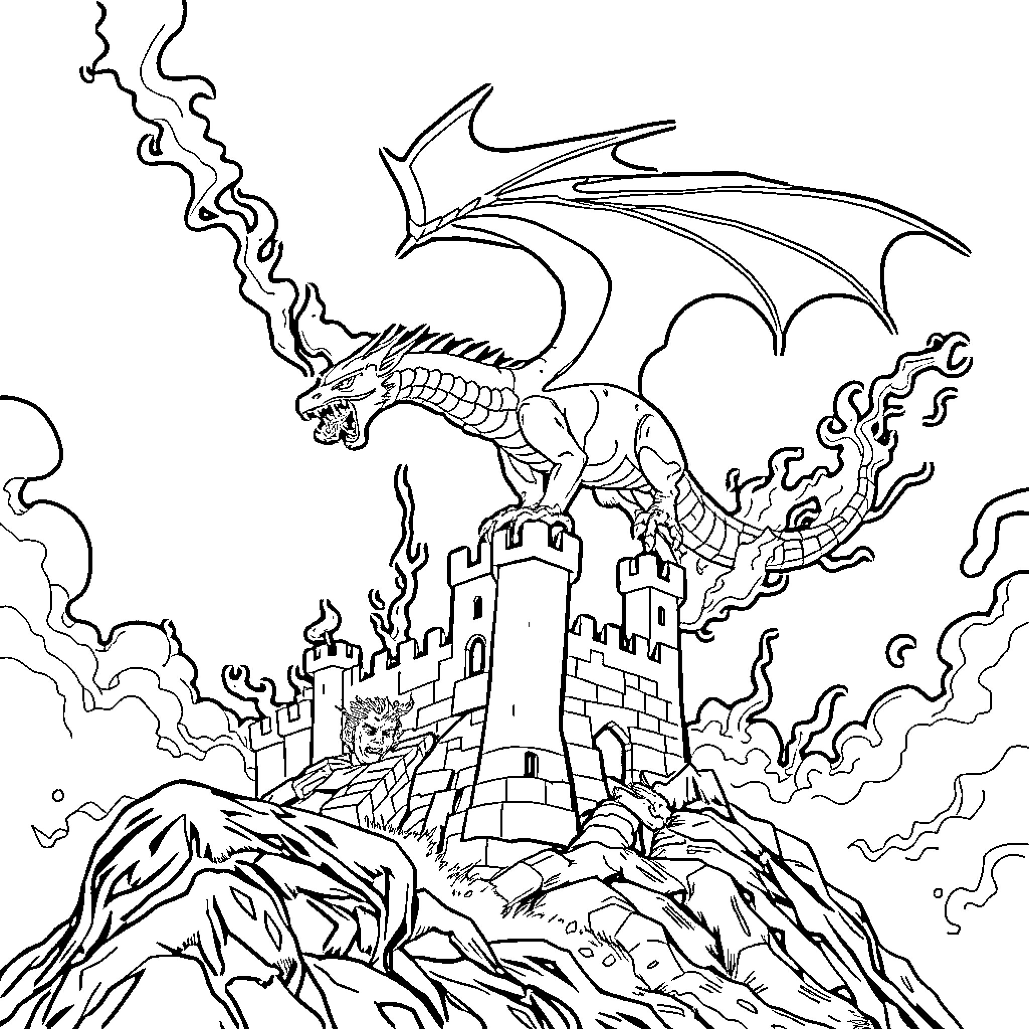 Dragon Attacking Medieval Castle with Fiery Breath Coloring Page (free black-and-white line drawing printable PDF for all, from beginners to advanced learners, including children, teens, adults, and seniors)