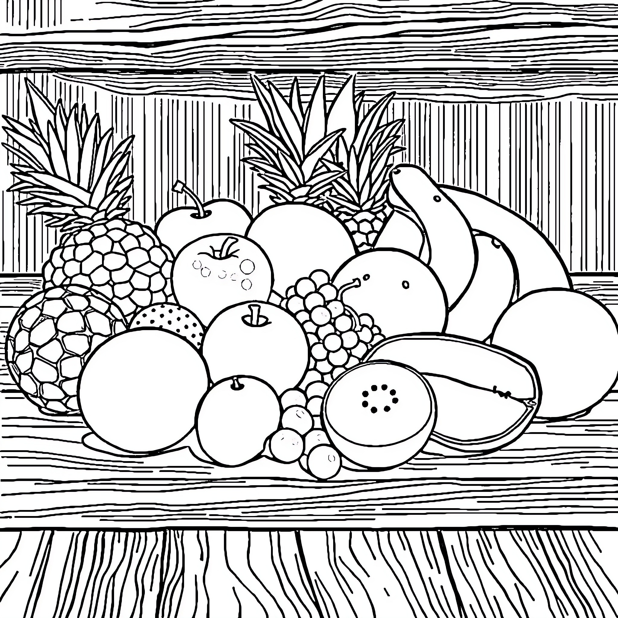 Fruit assortment on wooden surface Coloring Page (free black-and-white line drawing printable PDF for all, from beginners to advanced learners, including children, teens, adults, and seniors)