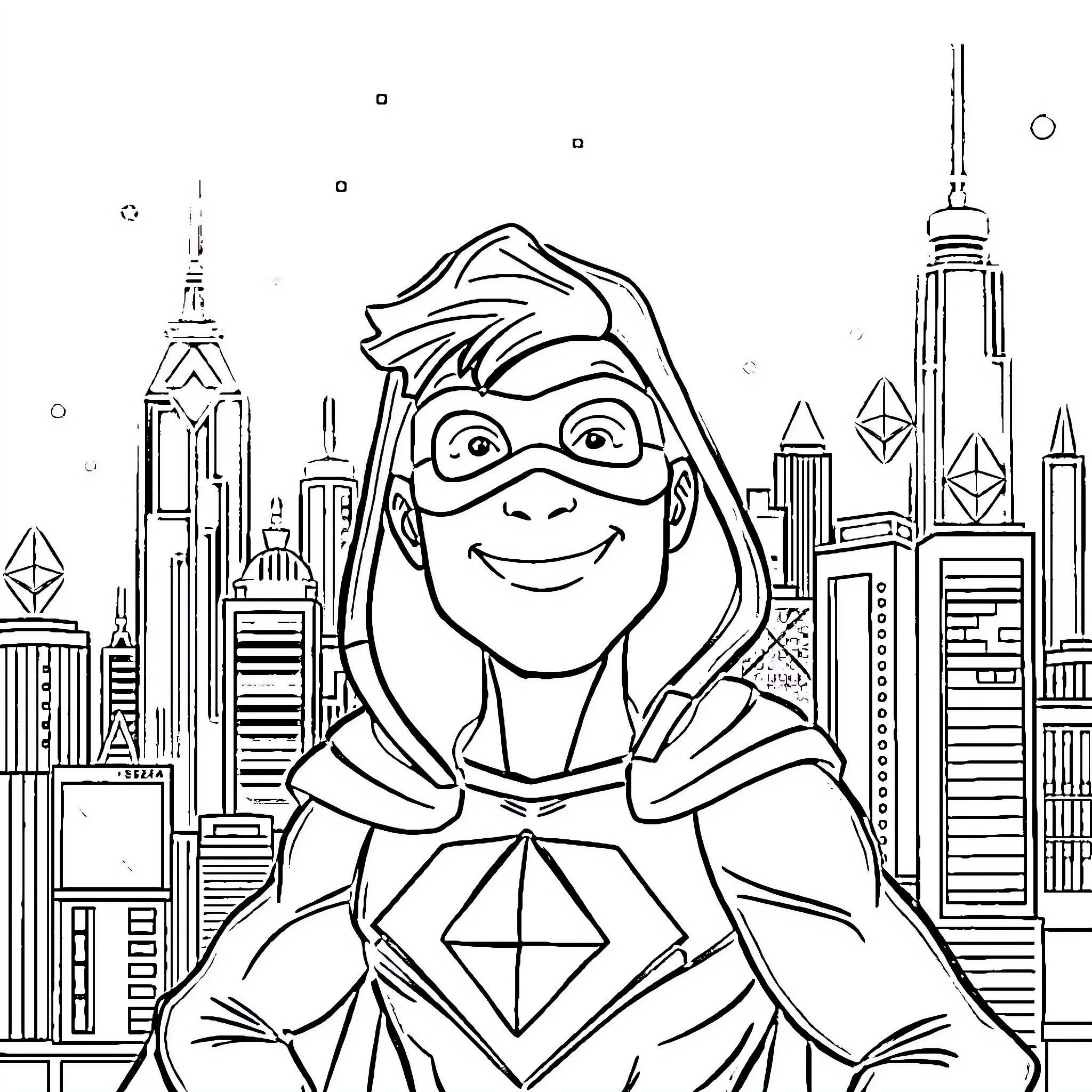 Superhero flying high above the city skyline Coloring Page (free black-and-white line drawing printable PDF for all, from beginners to advanced learners, including children, teens, adults, and seniors)