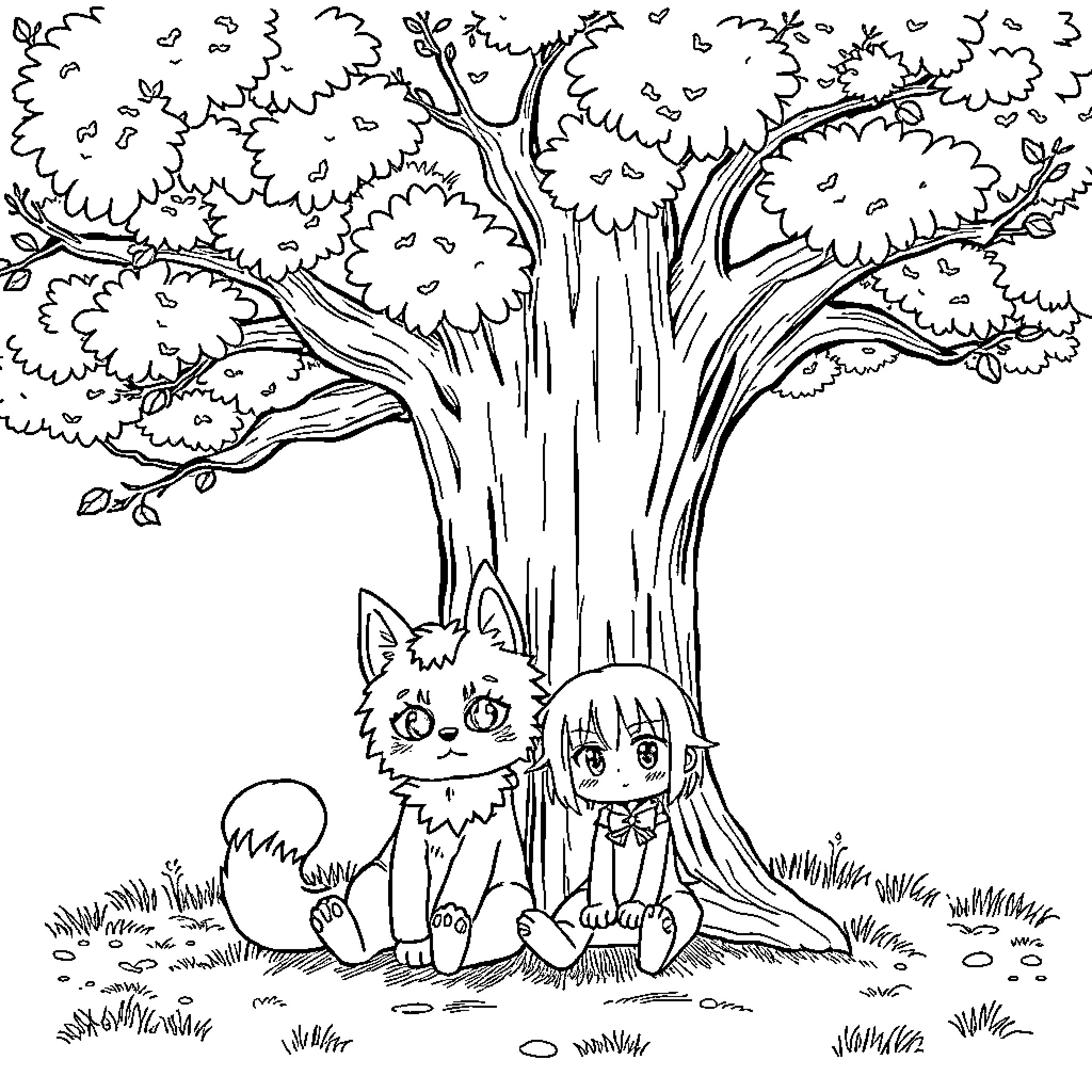 Maruru's Whimsical Forest Adventure Coloring Page (free black-and-white line drawing printable PDF for all, from beginners to advanced learners, including children, teens, adults, and seniors)