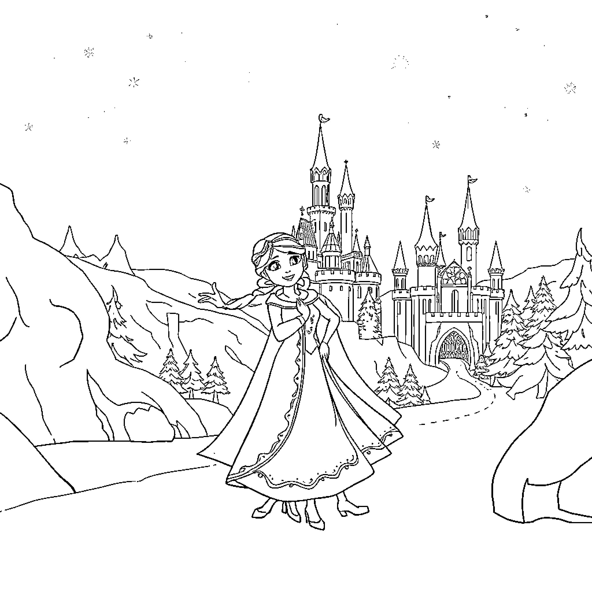 Queen enjoying a winter wonderland scene Coloring Page (free black-and-white line drawing printable PDF for all, from beginners to advanced learners, including children, teens, adults, and seniors)