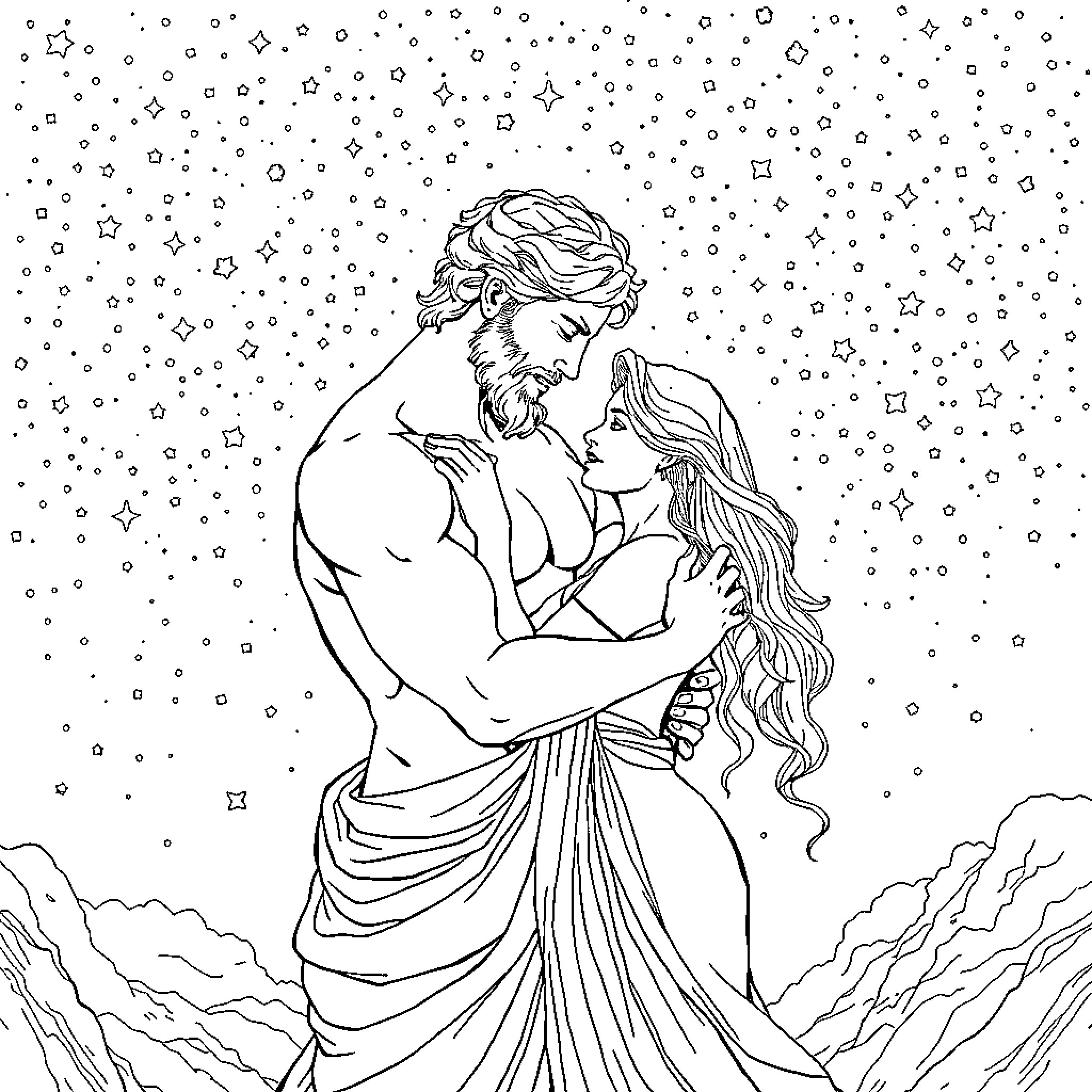 Greek God embracing a goddess in the starry night Coloring Page (free black-and-white line drawing printable PDF for all, from beginners to advanced learners, including children, teens, adults, and seniors)