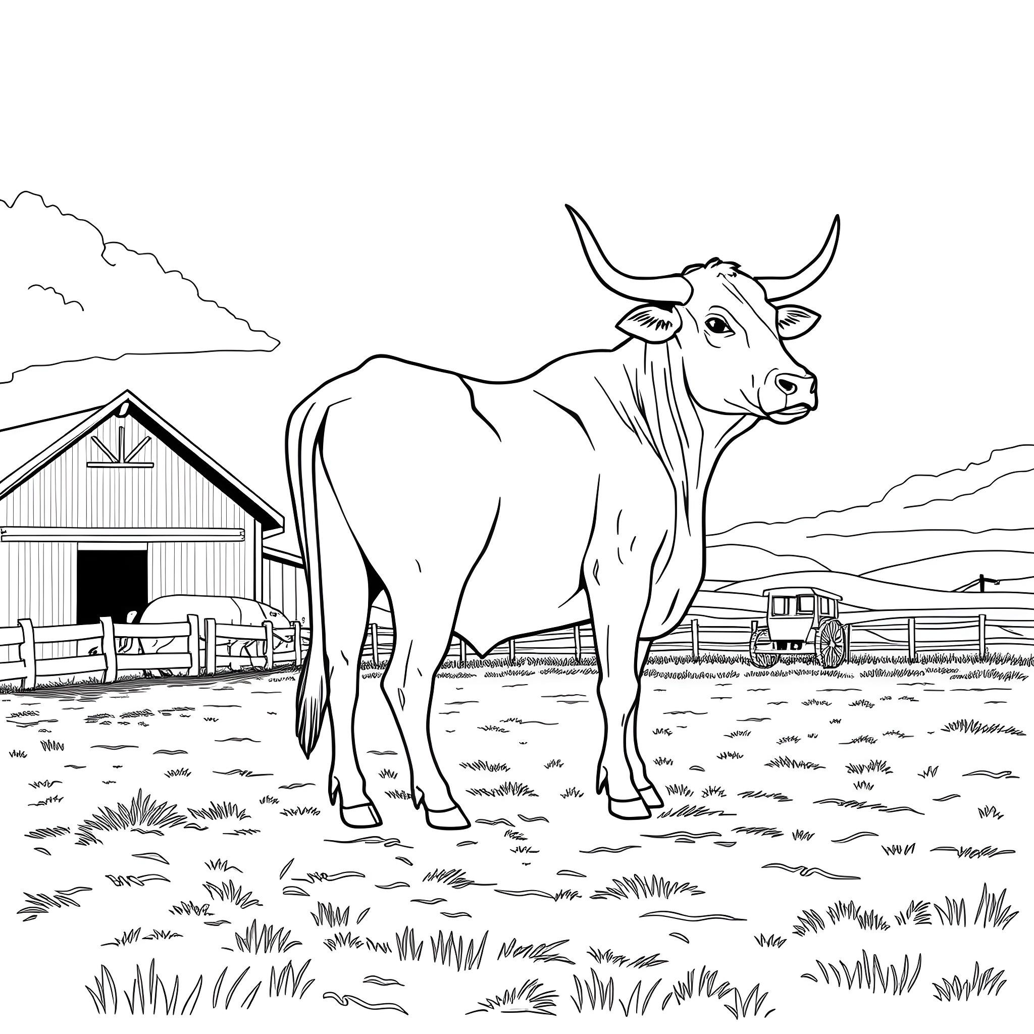 Ox standing proudly on a rural farm Coloring Page (free black-and-white line drawing printable PDF for all, from beginners to advanced learners, including children, teens, adults, and seniors)