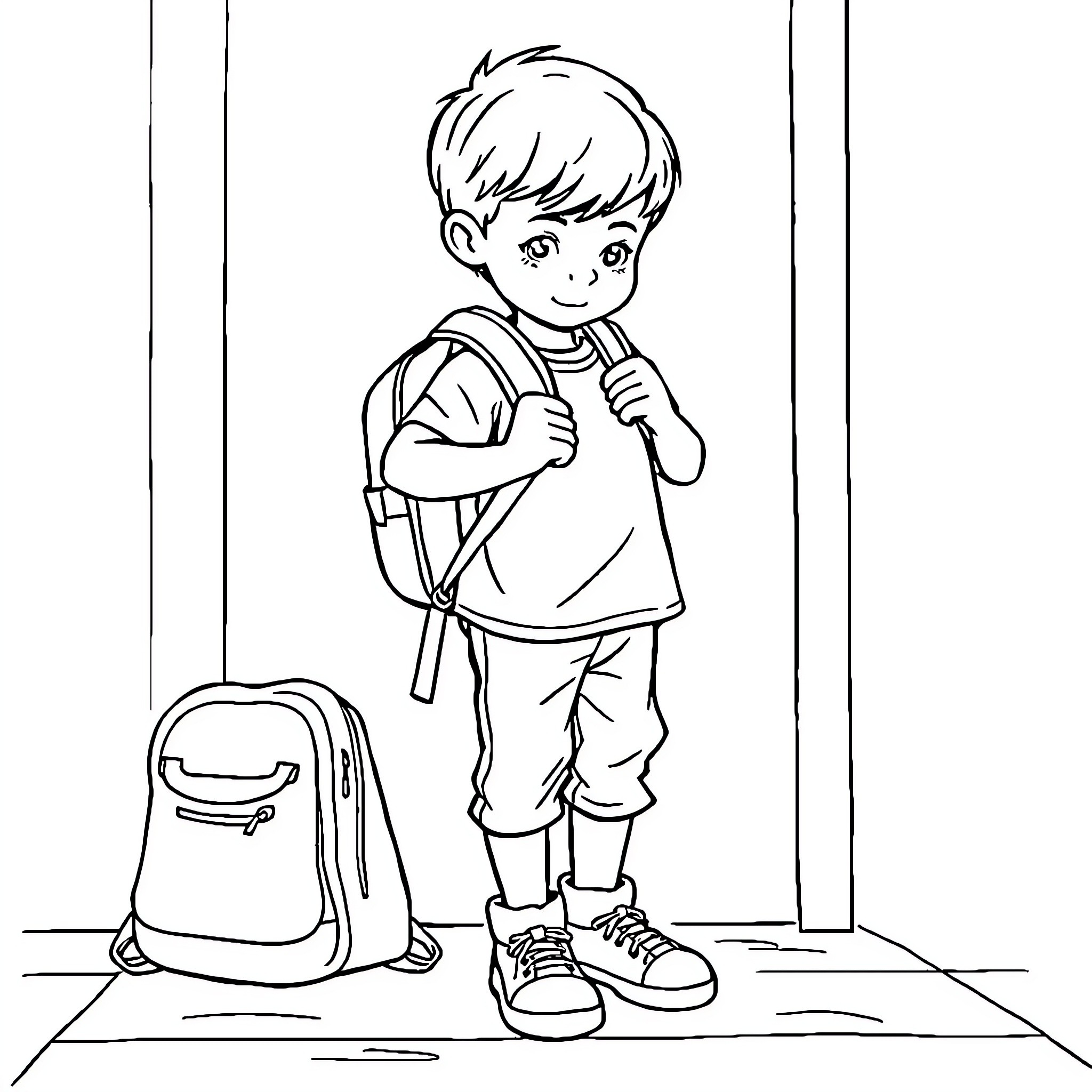 School Boy Ready for Class Coloring Page (free black-and-white line drawing printable PDF for all, from beginners to advanced learners, including children, teens, adults, and seniors)