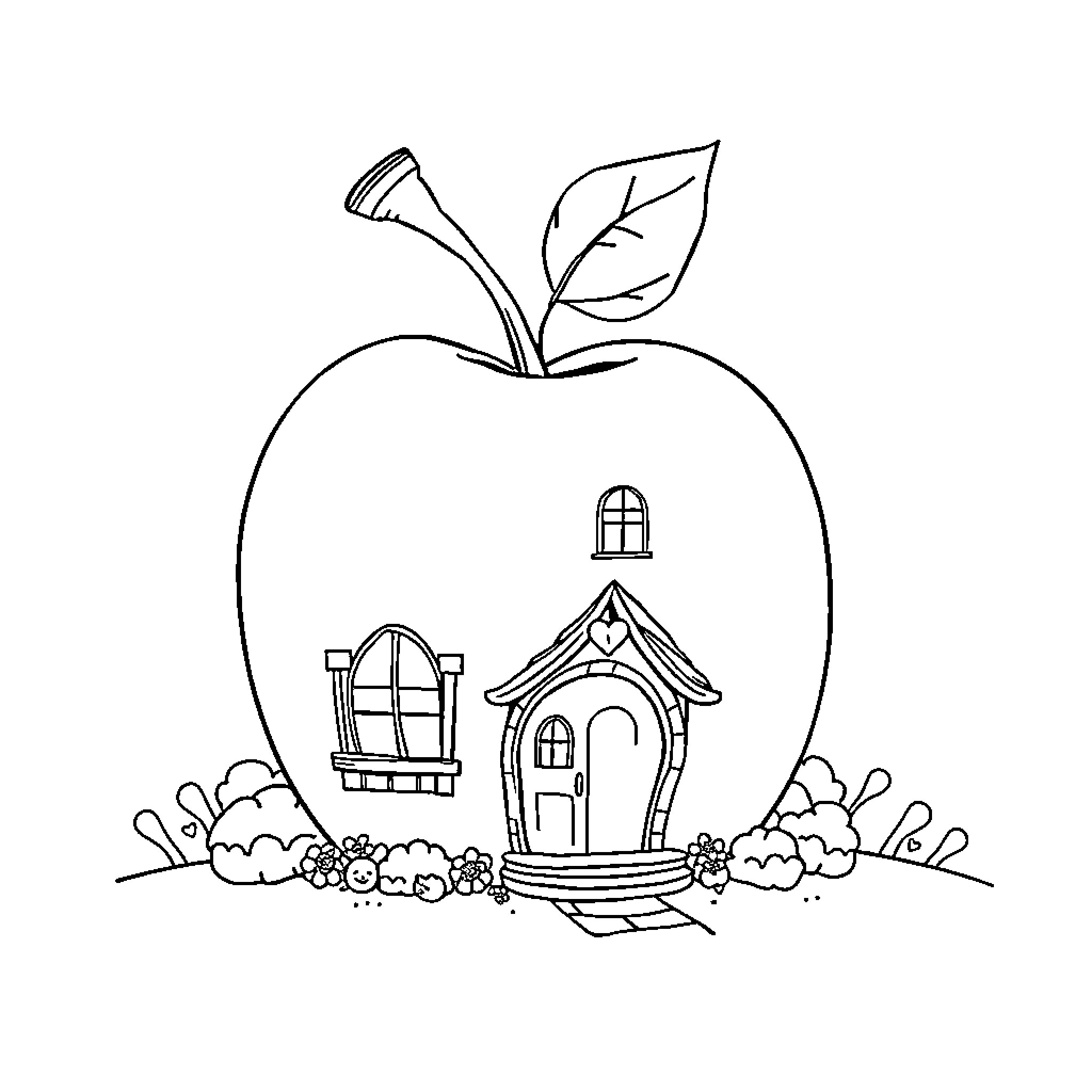 Apple-shaped House with Architectural Elements Coloring Page (free black-and-white line drawing printable PDF for all, from beginners to advanced learners, including children, teens, adults, and seniors)