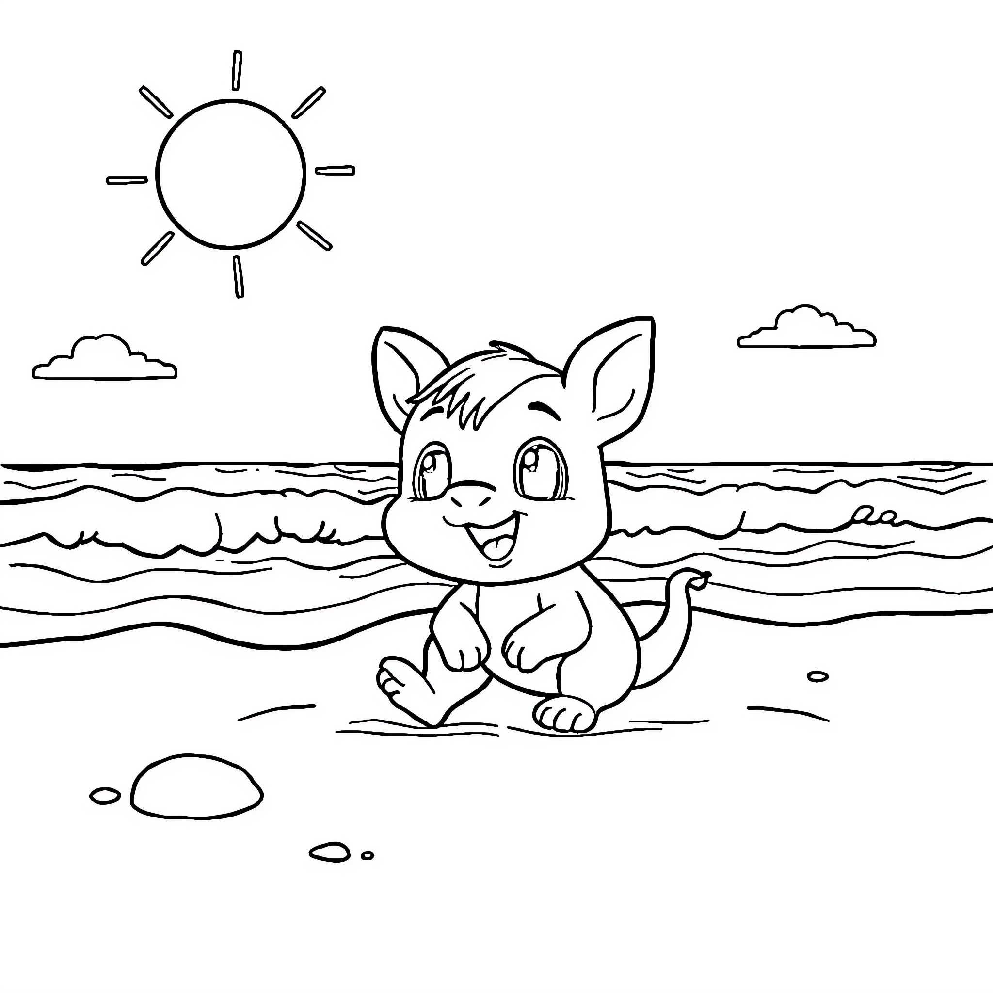 Squeezie's Playful Pawprint at the Beach Coloring Page (free black-and-white line drawing printable PDF for all, from beginners to advanced learners, including children, teens, adults, and seniors)