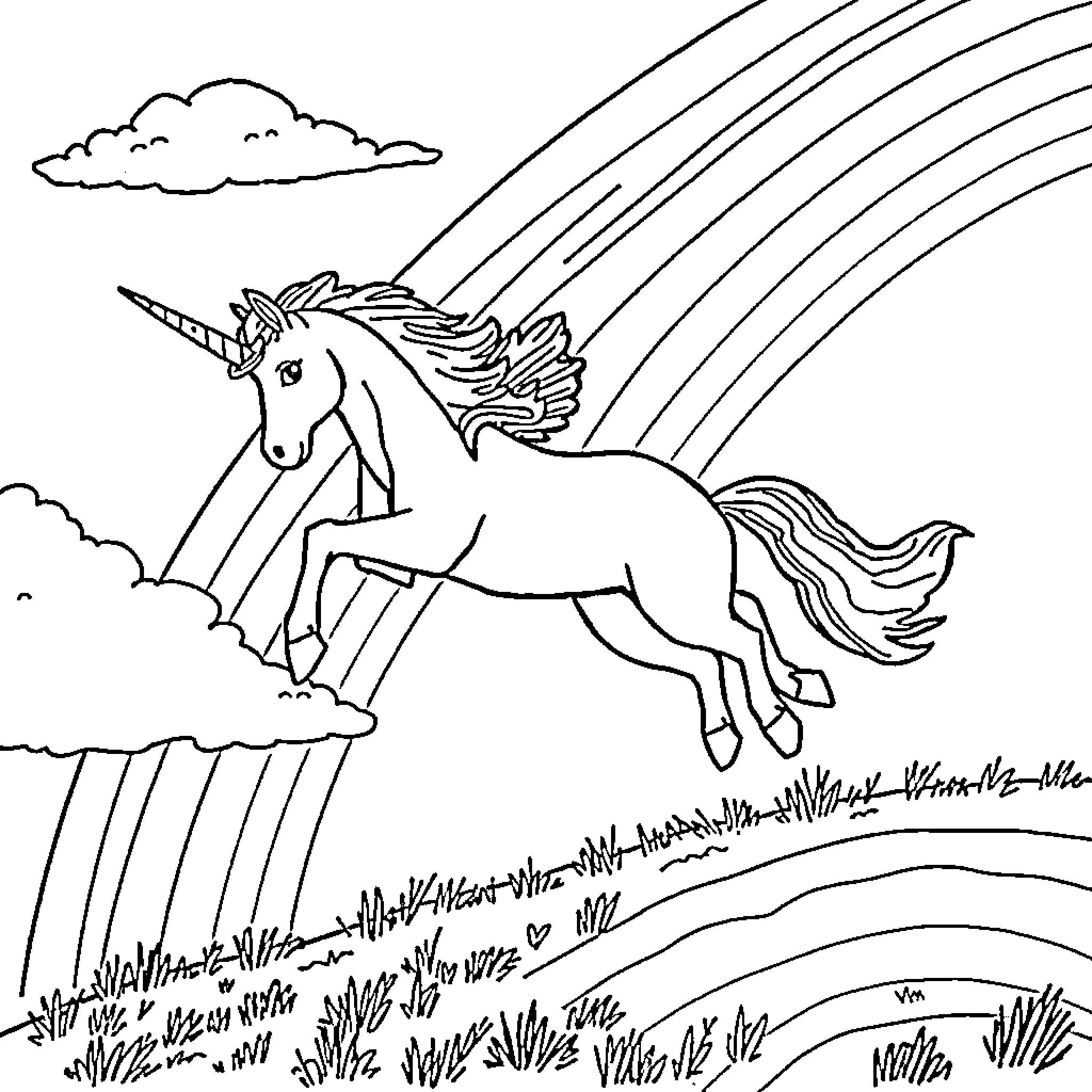 Unicorn leaping through rainbow in the clouds Coloring Page (free black-and-white line drawing printable PDF for all, from beginners to advanced learners, including children, teens, adults, and seniors)