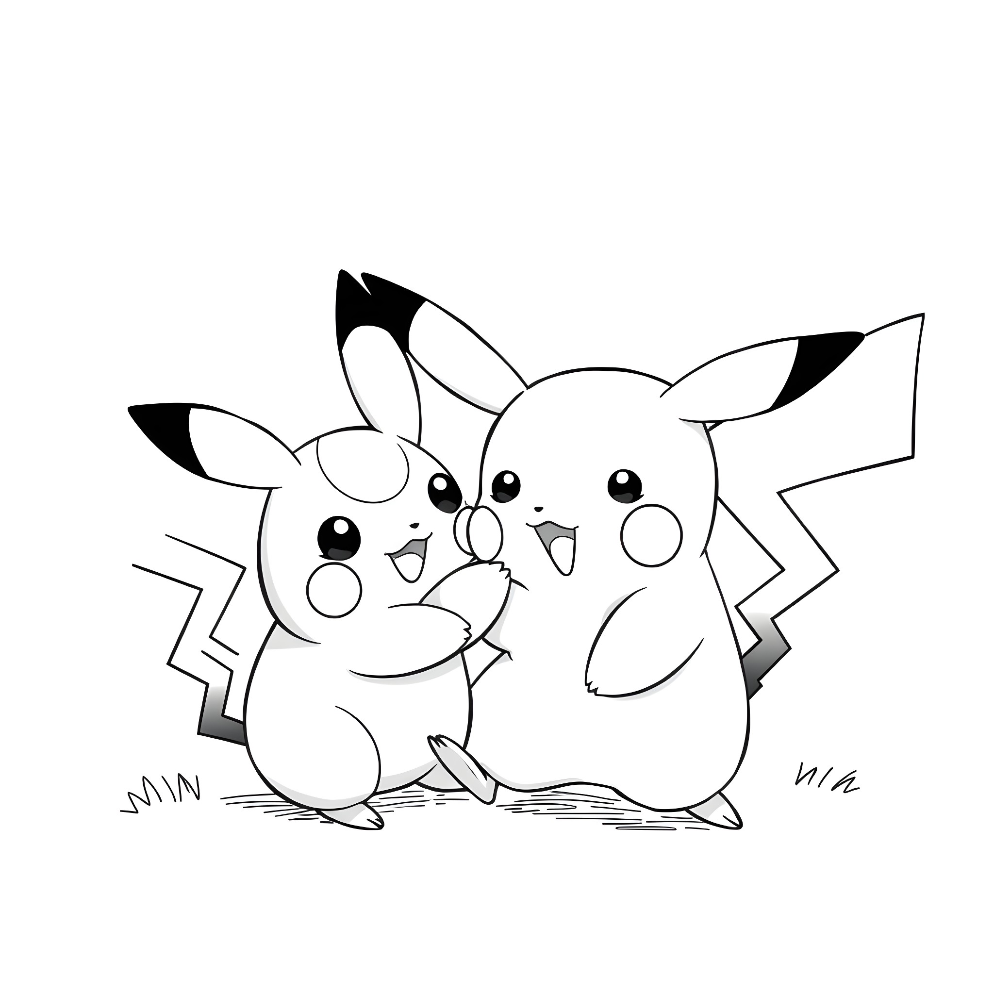 Pikachu in playful embrace Coloring Page (free black-and-white line drawing printable PDF for all, from beginners to advanced learners, including children, teens, adults, and seniors)
