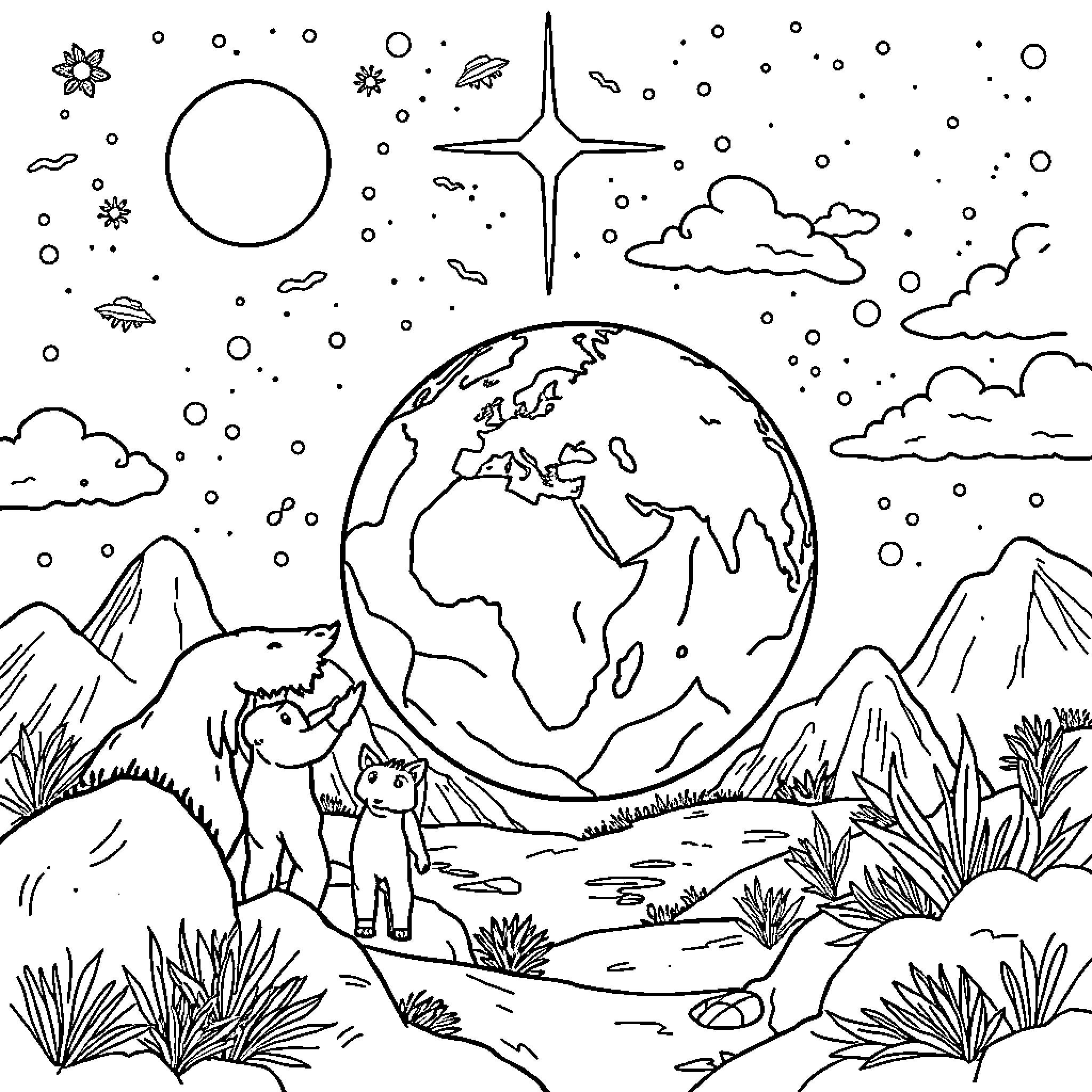 Creation of a Whimsical Planetary Landscape Coloring Page (free black-and-white line drawing printable PDF for all, from beginners to advanced learners, including children, teens, adults, and seniors)