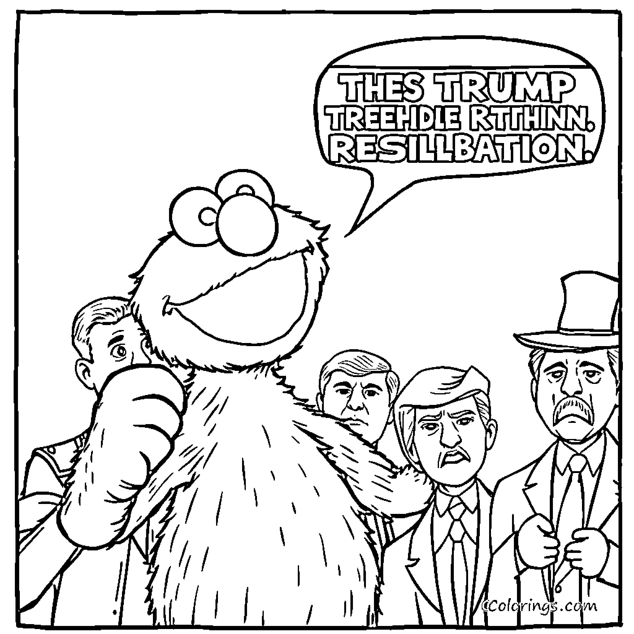 Elmo's Satirical Take on Trump Treehide Rethink Resillbation Coloring Page (free black-and-white line drawing printable PDF for all, from beginners to advanced learners, including children, teens, adults, and seniors)