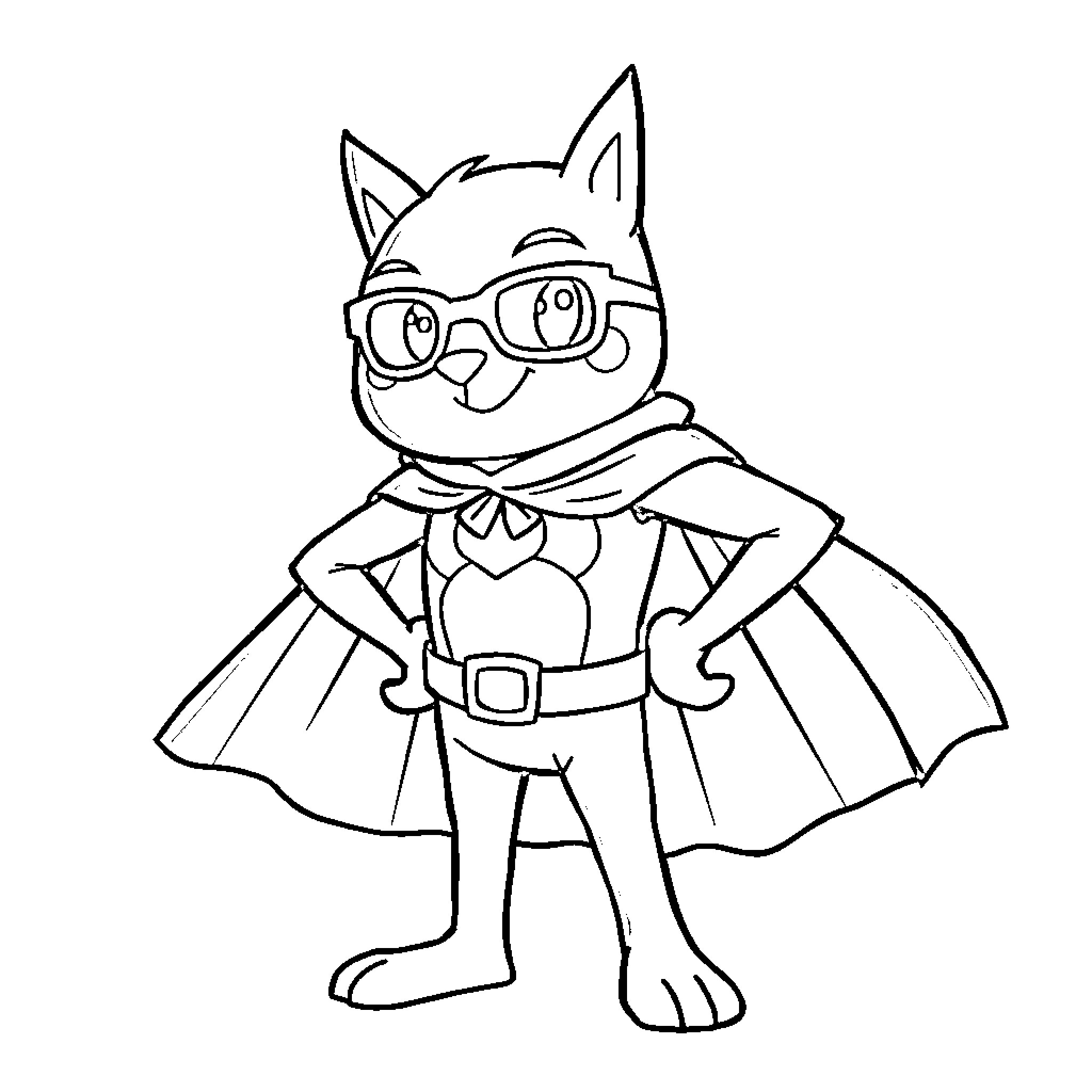 Bluey the Superhero Cat in Costume Coloring Page (free black-and-white line drawing printable PDF for all, from beginners to advanced learners, including children, teens, adults, and seniors)