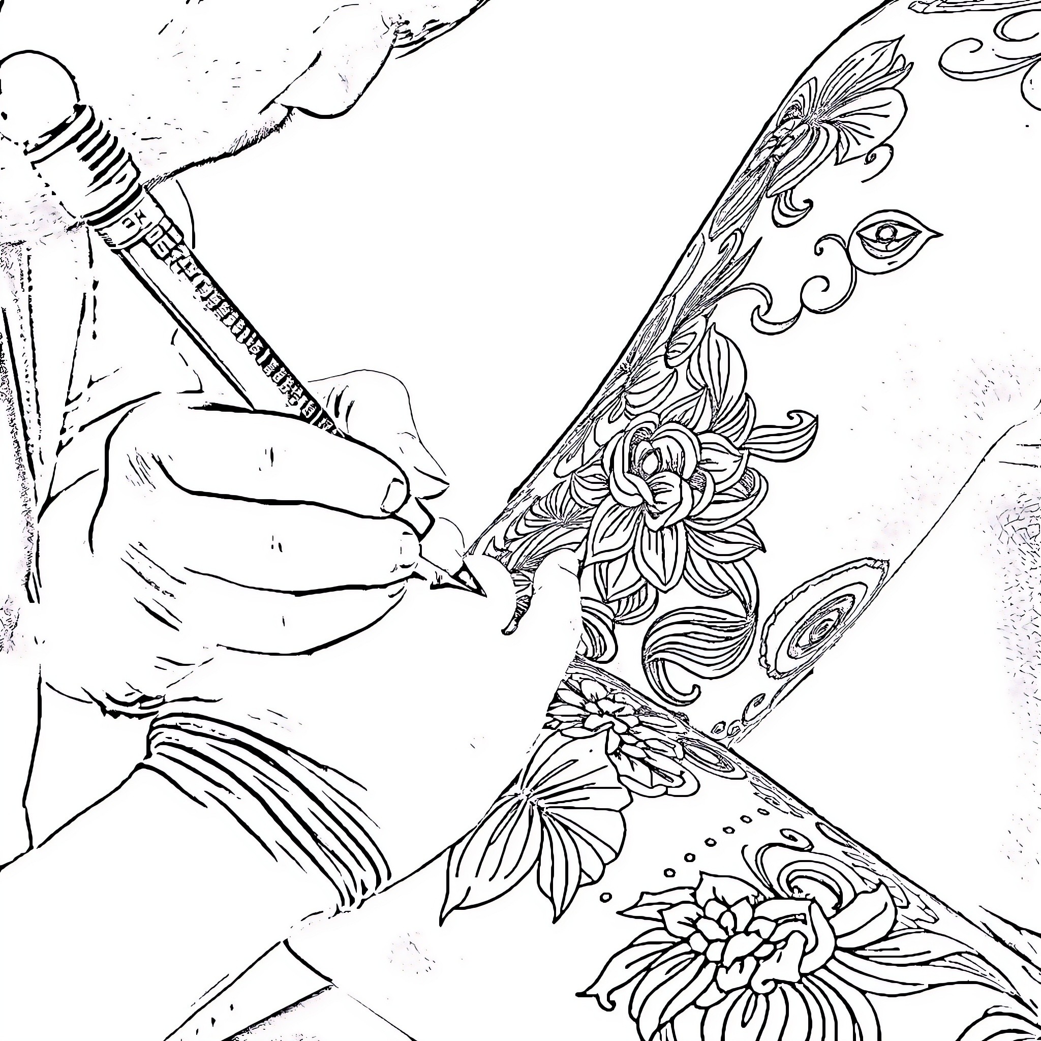 Tattoo Artist Inking Intricate Floral Design Coloring Page (free black-and-white line drawing printable PDF for all, from beginners to advanced learners, including children, teens, adults, and seniors)