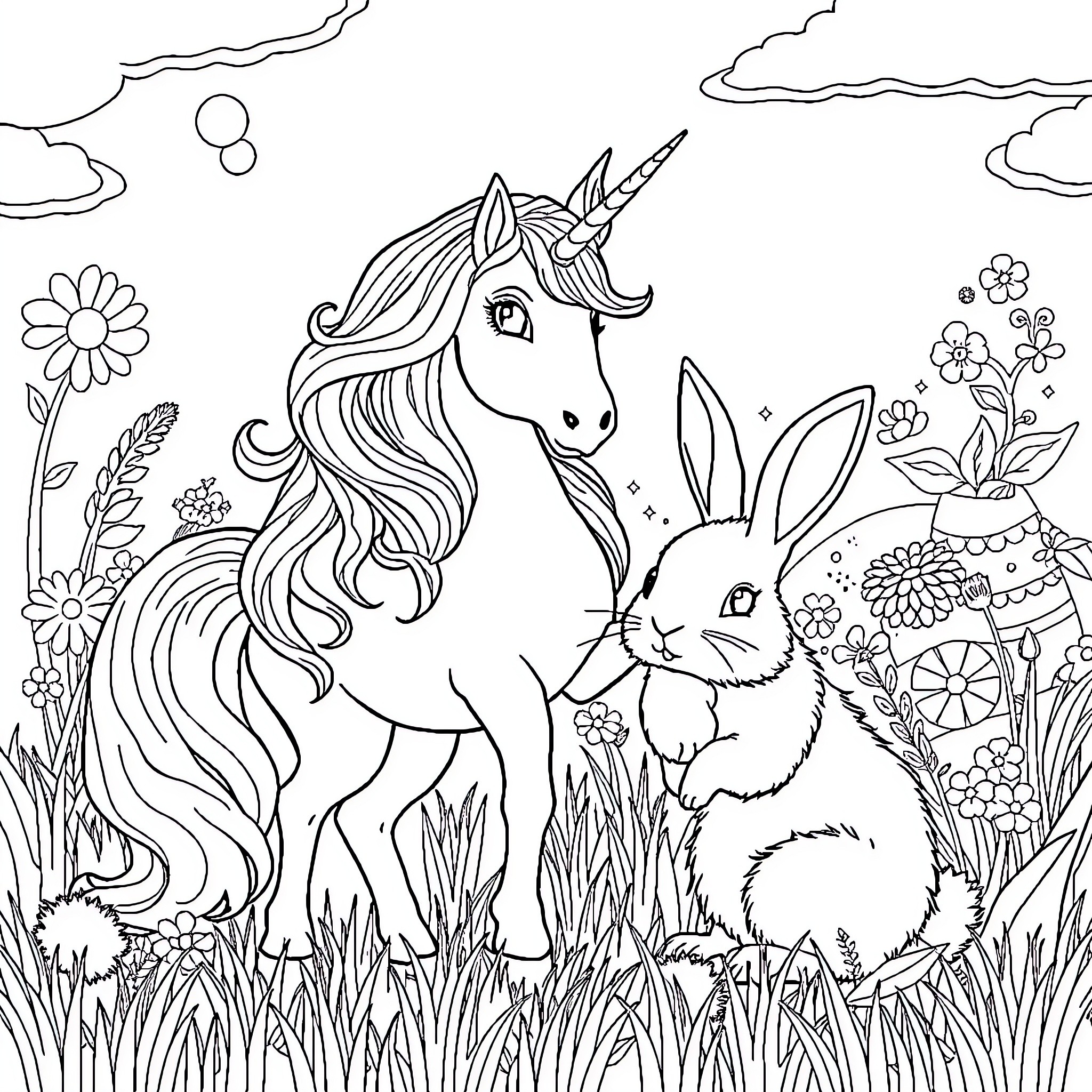 Unicorn and Rabbit in Enchanted Meadow Coloring Page (free black-and-white line drawing printable PDF for all, from beginners to advanced learners, including children, teens, adults, and seniors)