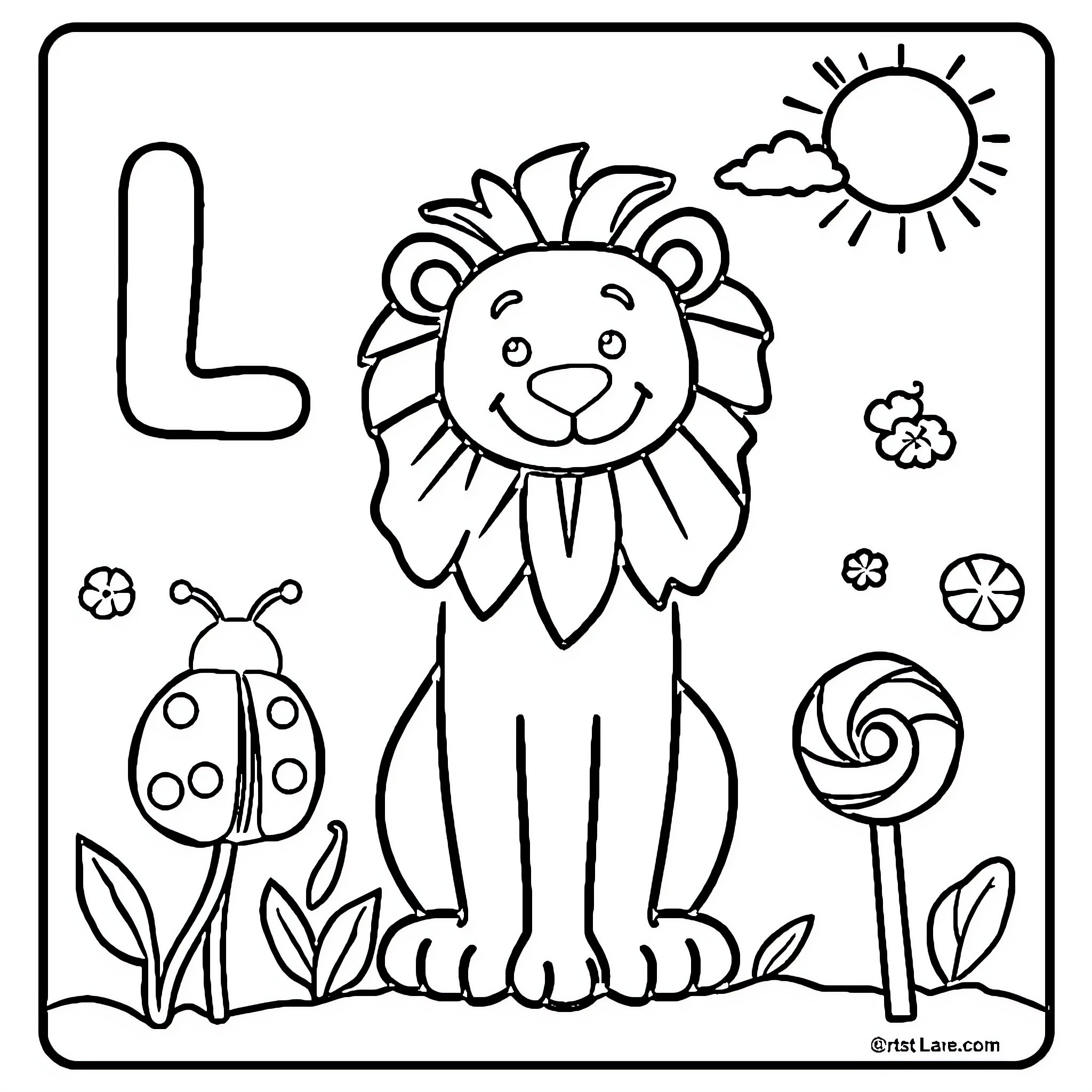 Letter L: Lively Lion in Leafy Landscape Coloring Page (free black-and-white line drawing printable PDF for all, from beginners to advanced learners, including children, teens, adults, and seniors)