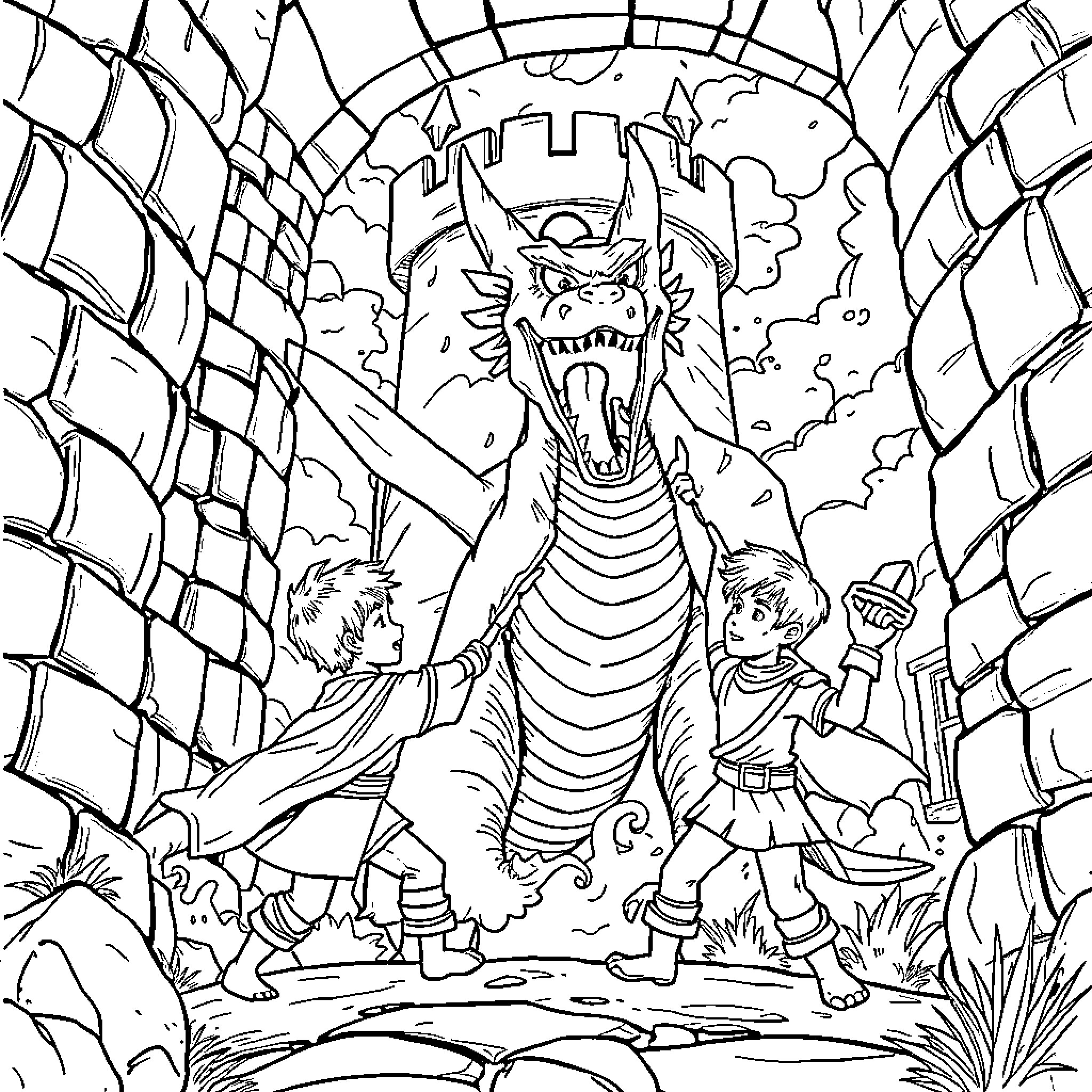 Child Adventurers Encountering Mythical Dragon Coloring Page (free black-and-white line drawing printable PDF for all, from beginners to advanced learners, including children, teens, adults, and seniors)