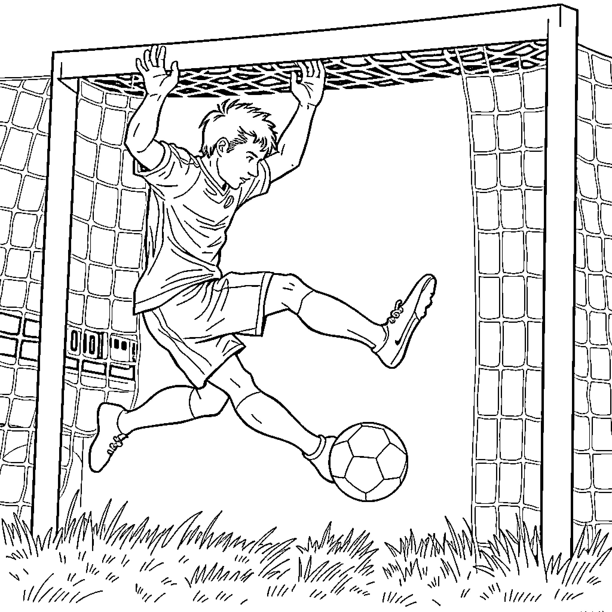Soccer Player Scoring Goal with Outstretched Arms Coloring Page (free black-and-white line drawing printable PDF for all, from beginners to advanced learners, including children, teens, adults, and seniors)