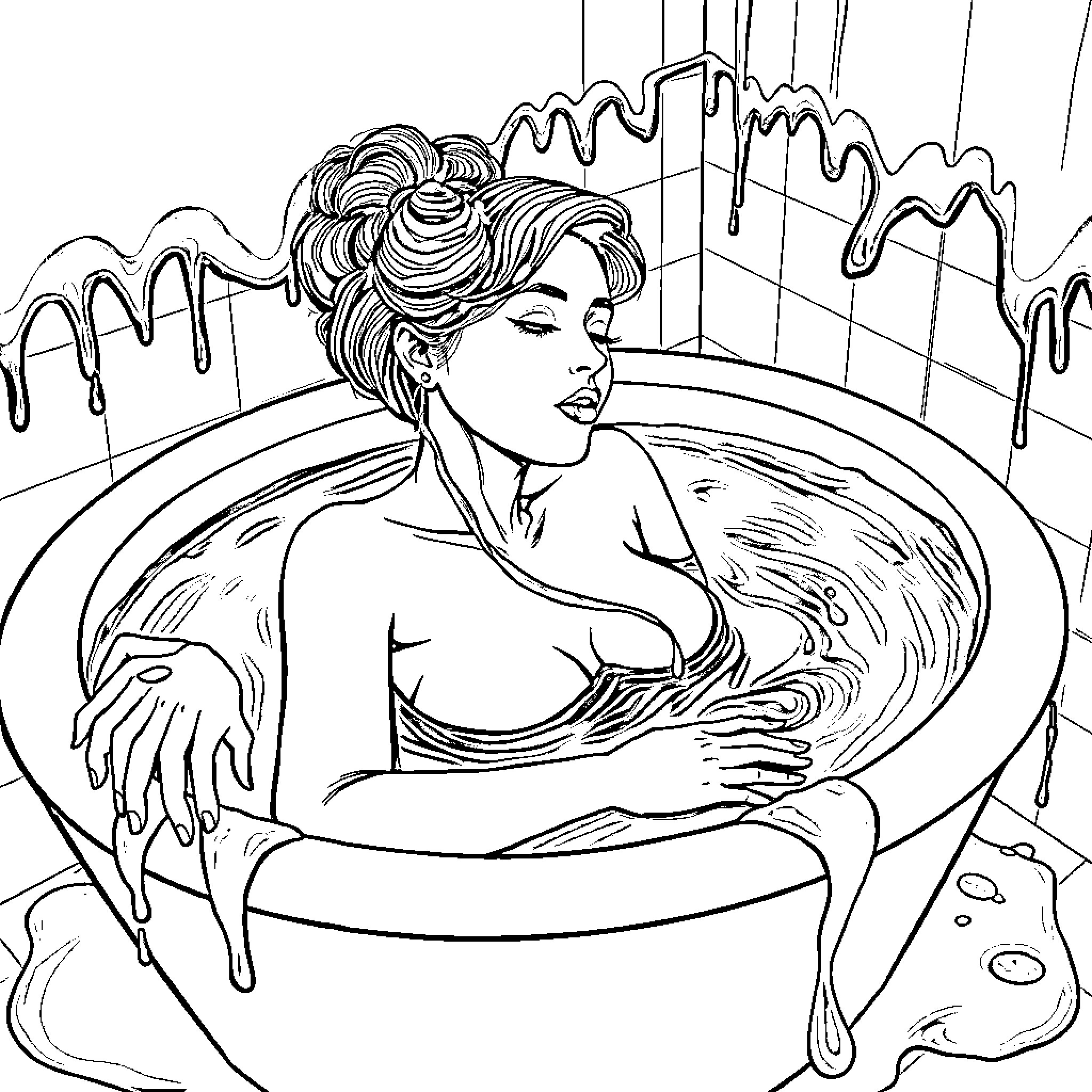 Woman enjoying relaxing bath with flowing water Coloring Page (free black-and-white line drawing printable PDF for all, from beginners to advanced learners, including children, teens, adults, and seniors)