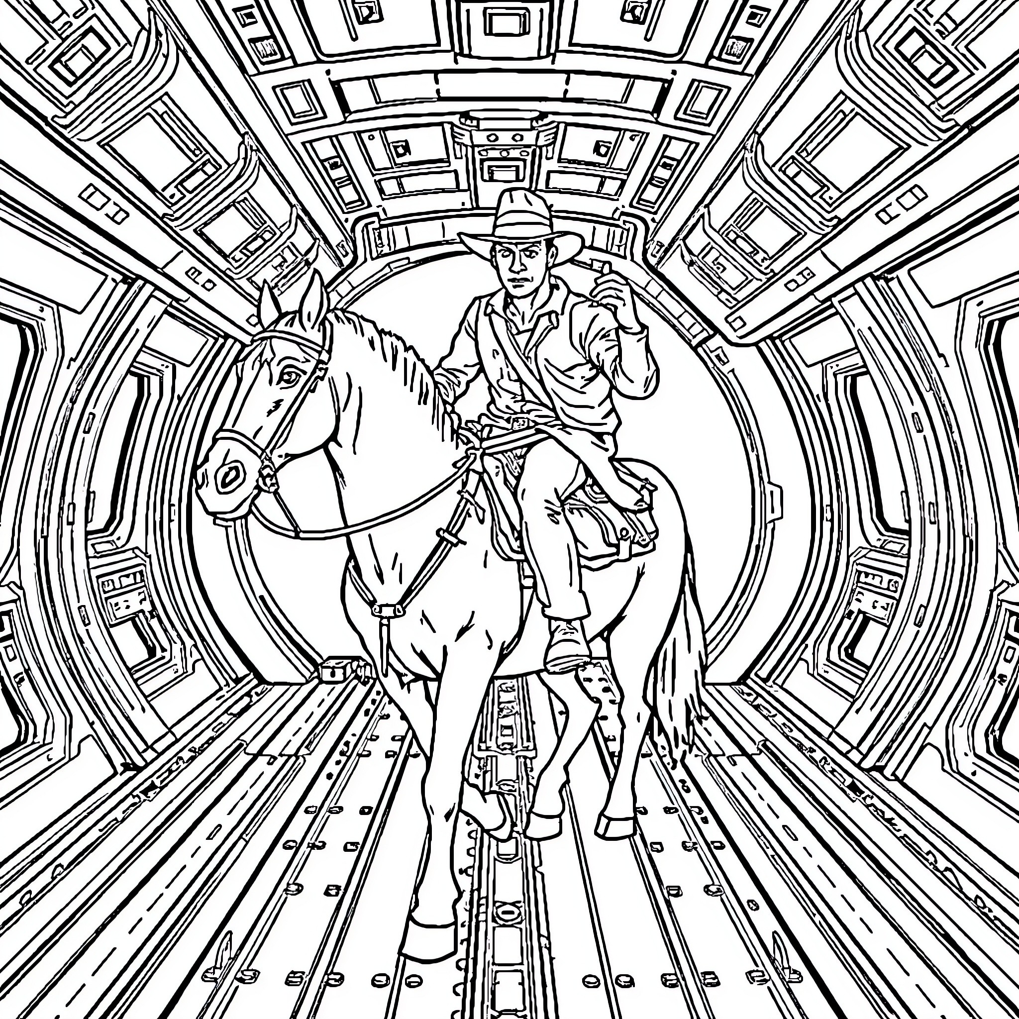 Indiana Jones riding heroically through ancient ruins Coloring Page (free black-and-white line drawing printable PDF for all, from beginners to advanced learners, including children, teens, adults, and seniors)