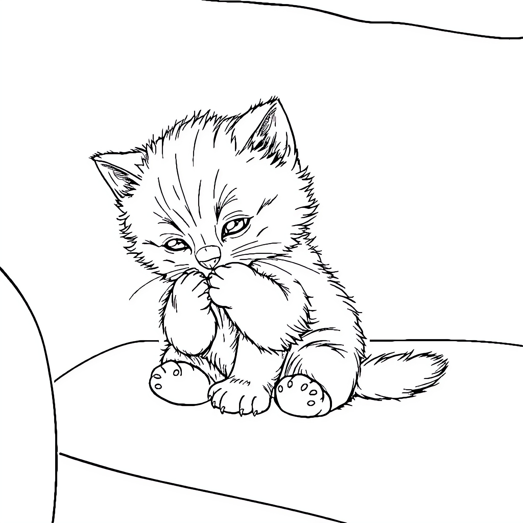 Kitten playing with toy in cozy scene Coloring Page (free black-and-white line drawing printable PDF for all, from beginners to advanced learners, including children, teens, adults, and seniors)