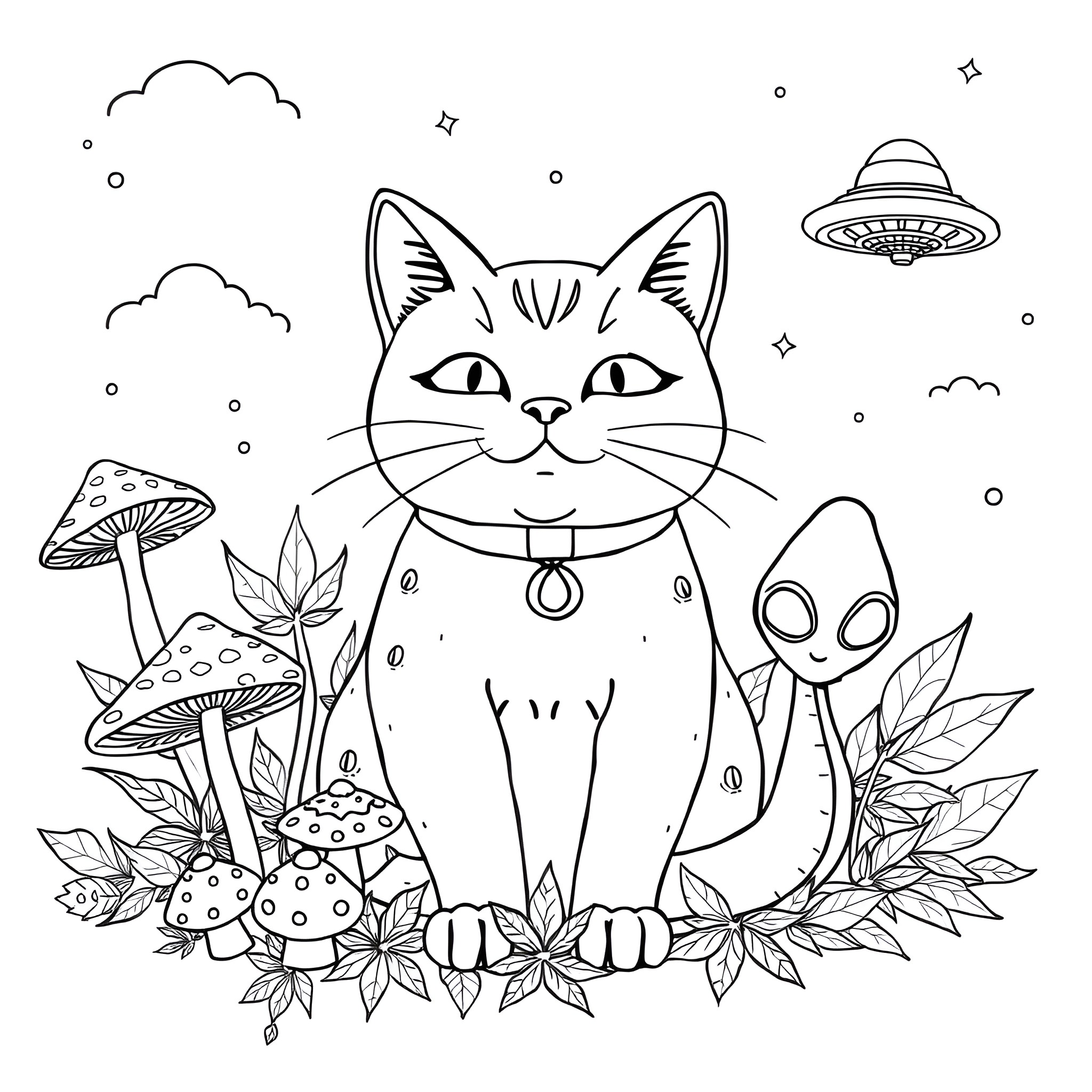Lucky Cat exploring the Whimsical Mushroom Forest Coloring Page (free black-and-white line drawing printable PDF for all, from beginners to advanced learners, including children, teens, adults, and seniors)