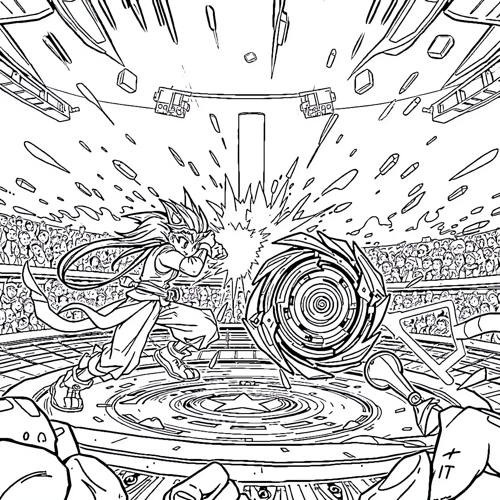 Beyblade Intense Battle in the Arena Coloring Page (free black-and-white line drawing printable PDF for all, from beginners to advanced learners, including children, teens, adults, and seniors)