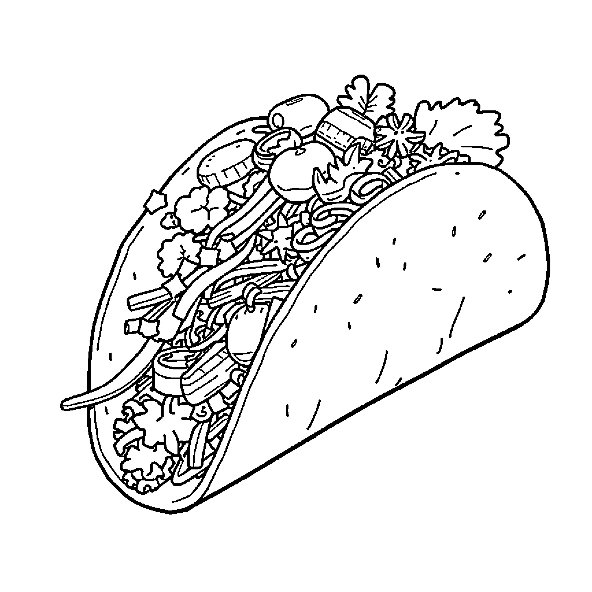 Taco filled with vibrant ingredients Coloring Page (free black-and-white line drawing printable PDF for all, from beginners to advanced learners, including children, teens, adults, and seniors)