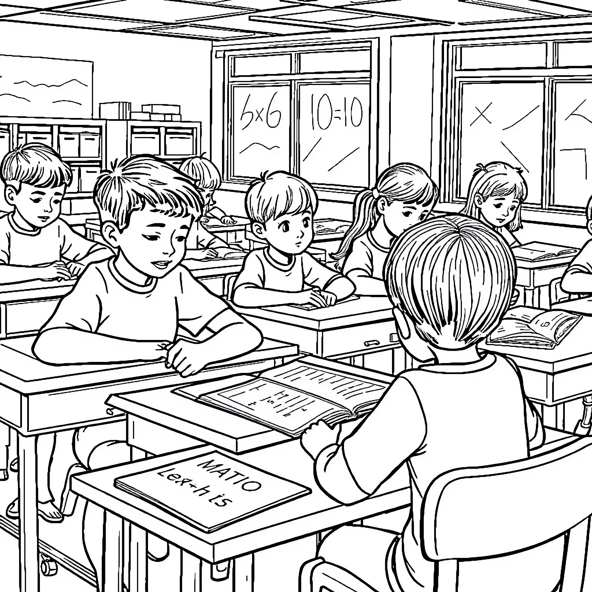 Children studying diligently in a classroom Coloring Page (free black-and-white line drawing printable PDF for all, from beginners to advanced learners, including children, teens, adults, and seniors)