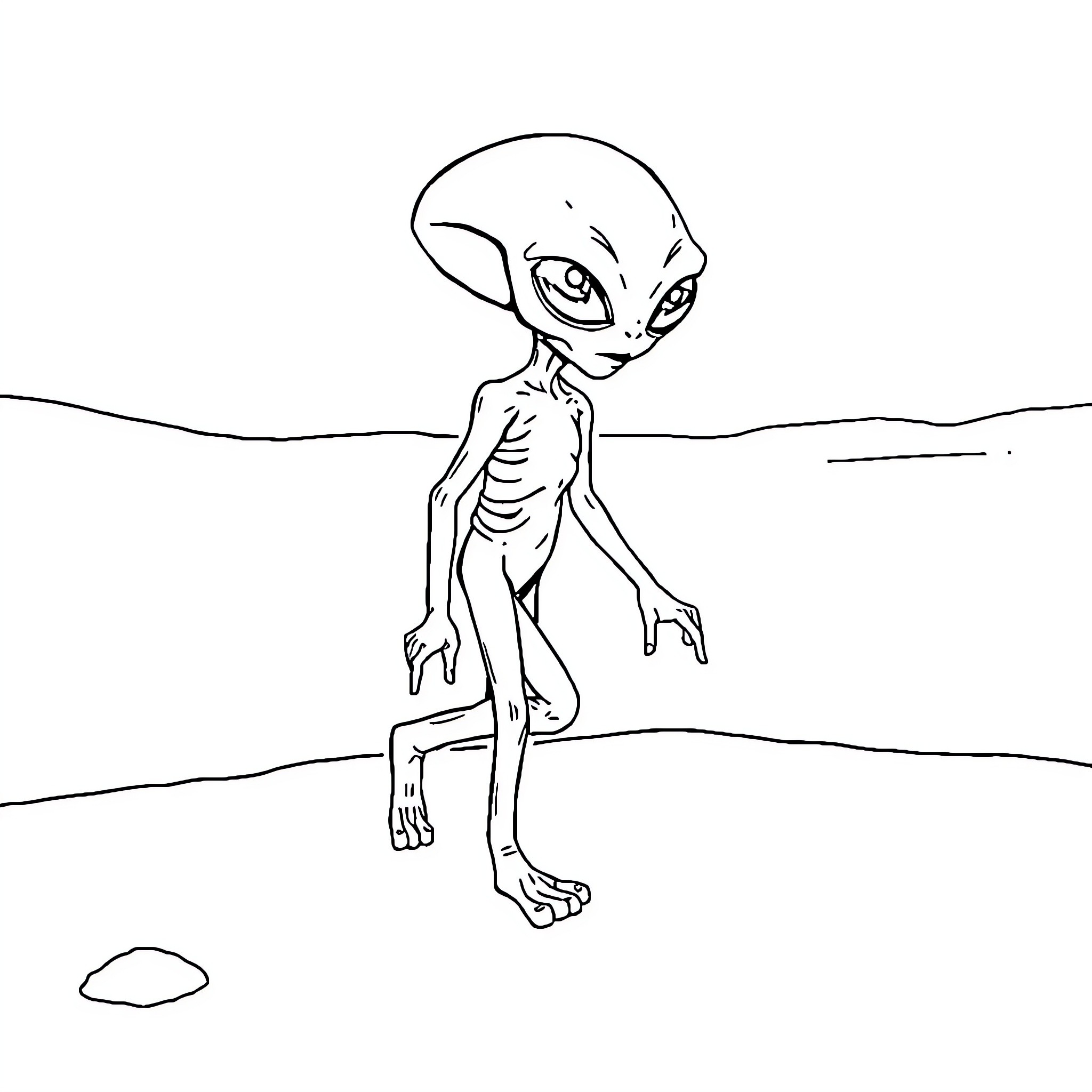 Alien exploring a mysterious landscape Coloring Page (free black-and-white line drawing printable PDF for all, from beginners to advanced learners, including children, teens, adults, and seniors)
