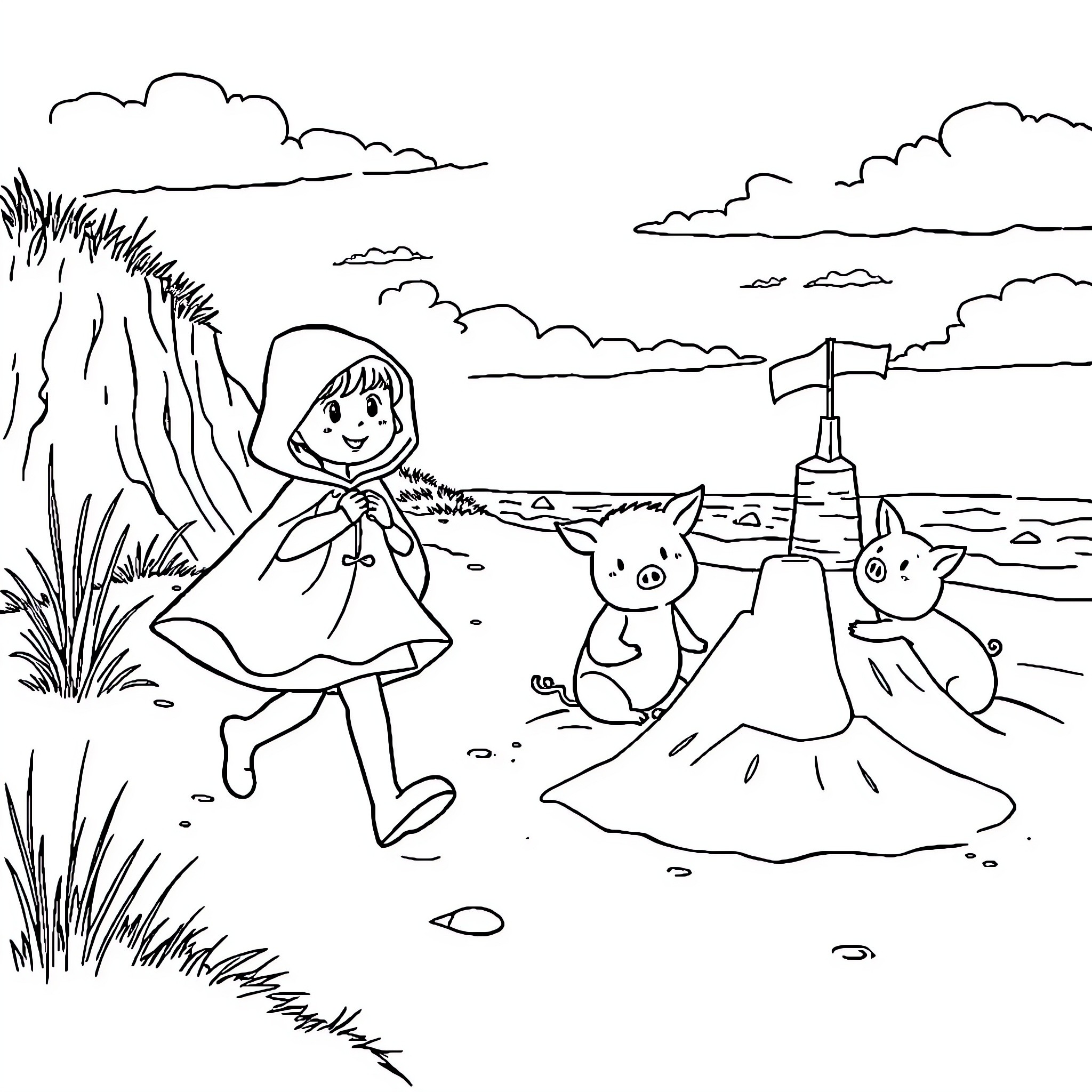 Little Red Riding Hood explores nature with animal friends Coloring Page (free black-and-white line drawing printable PDF for all, from beginners to advanced learners, including children, teens, adults, and seniors)