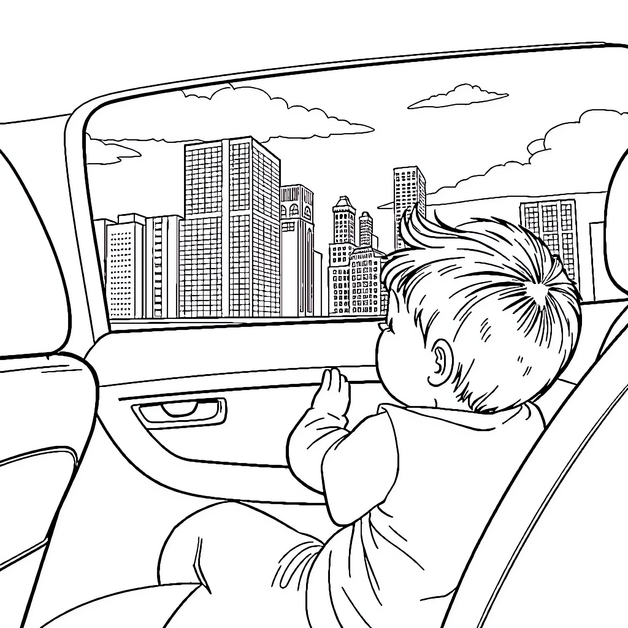 Boy gazing out the car window at city skyline Coloring Page (free black-and-white line drawing printable PDF for all, from beginners to advanced learners, including children, teens, adults, and seniors)