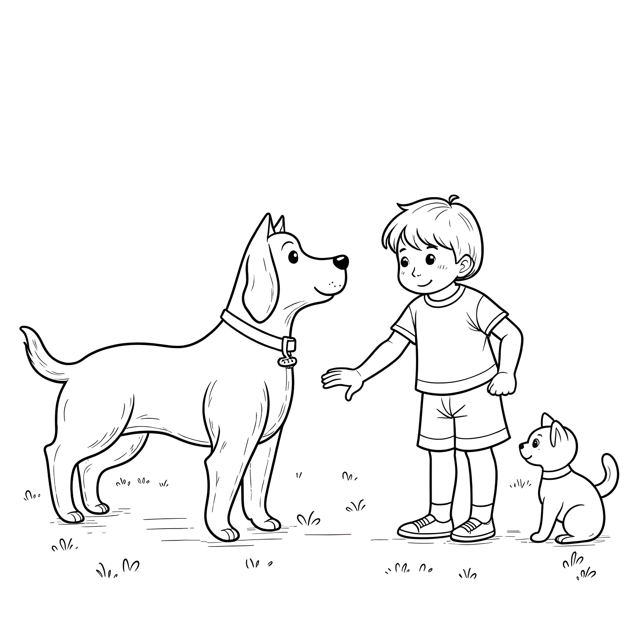 Toddler playing with dog and cat in the park Coloring Page (free black-and-white line drawing printable PDF for all, from beginners to advanced learners, including children, teens, adults, and seniors)
