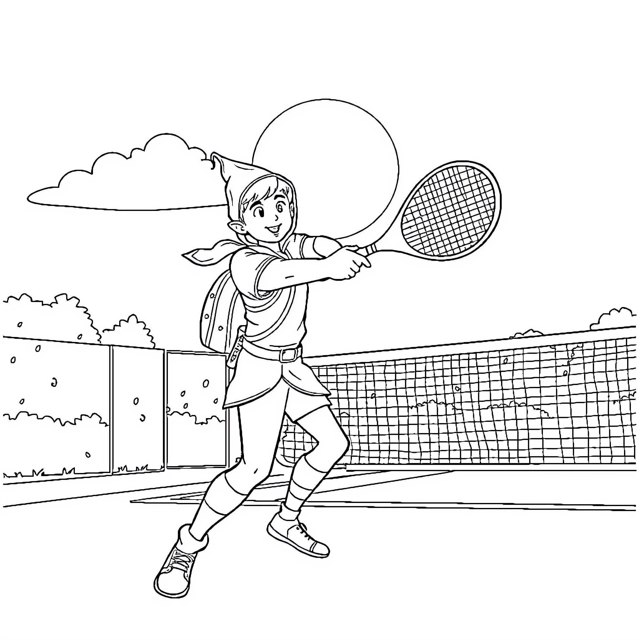 Robin Hood playing tennis on the court Coloring Page (free black-and-white line drawing printable PDF for all, from beginners to advanced learners, including children, teens, adults, and seniors)
