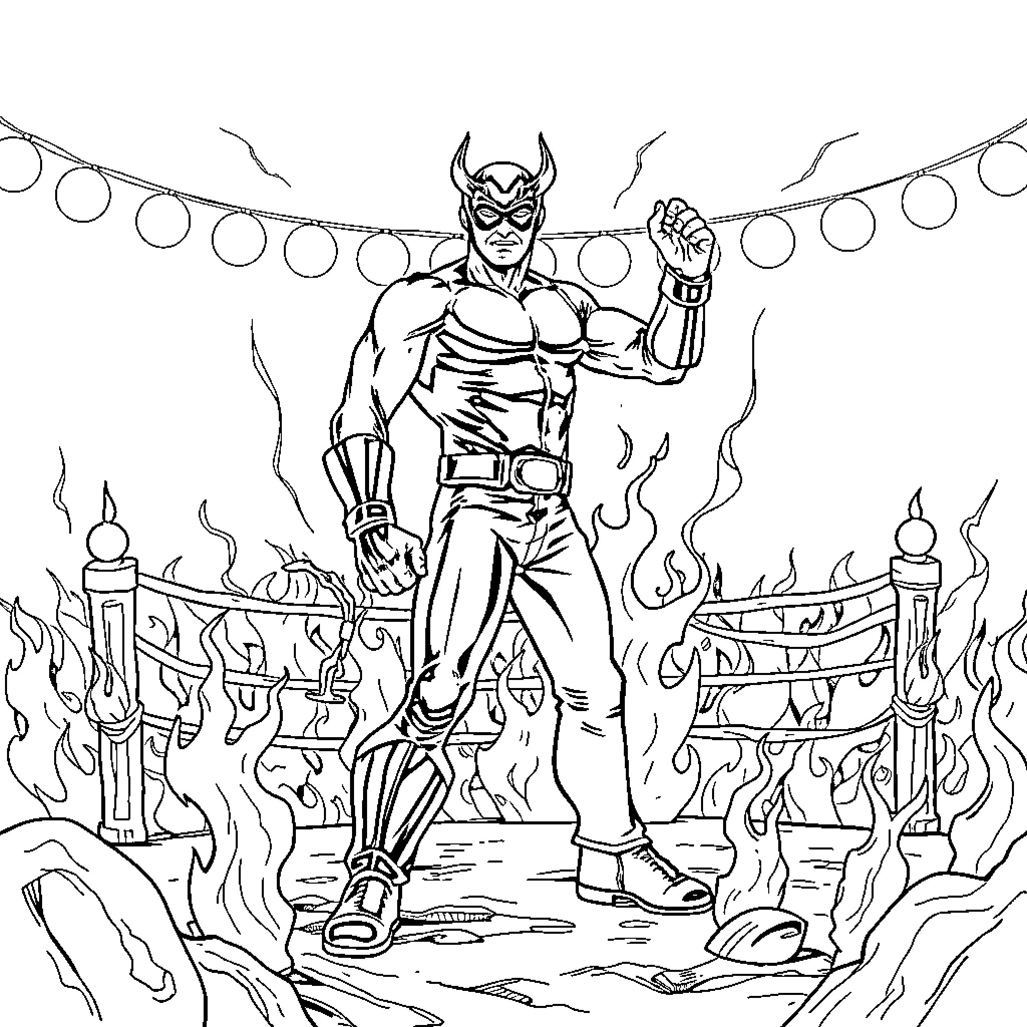 Daredevil's Fiery Heroic Stance Coloring Page (free black-and-white line drawing printable PDF for all, from beginners to advanced learners, including children, teens, adults, and seniors)